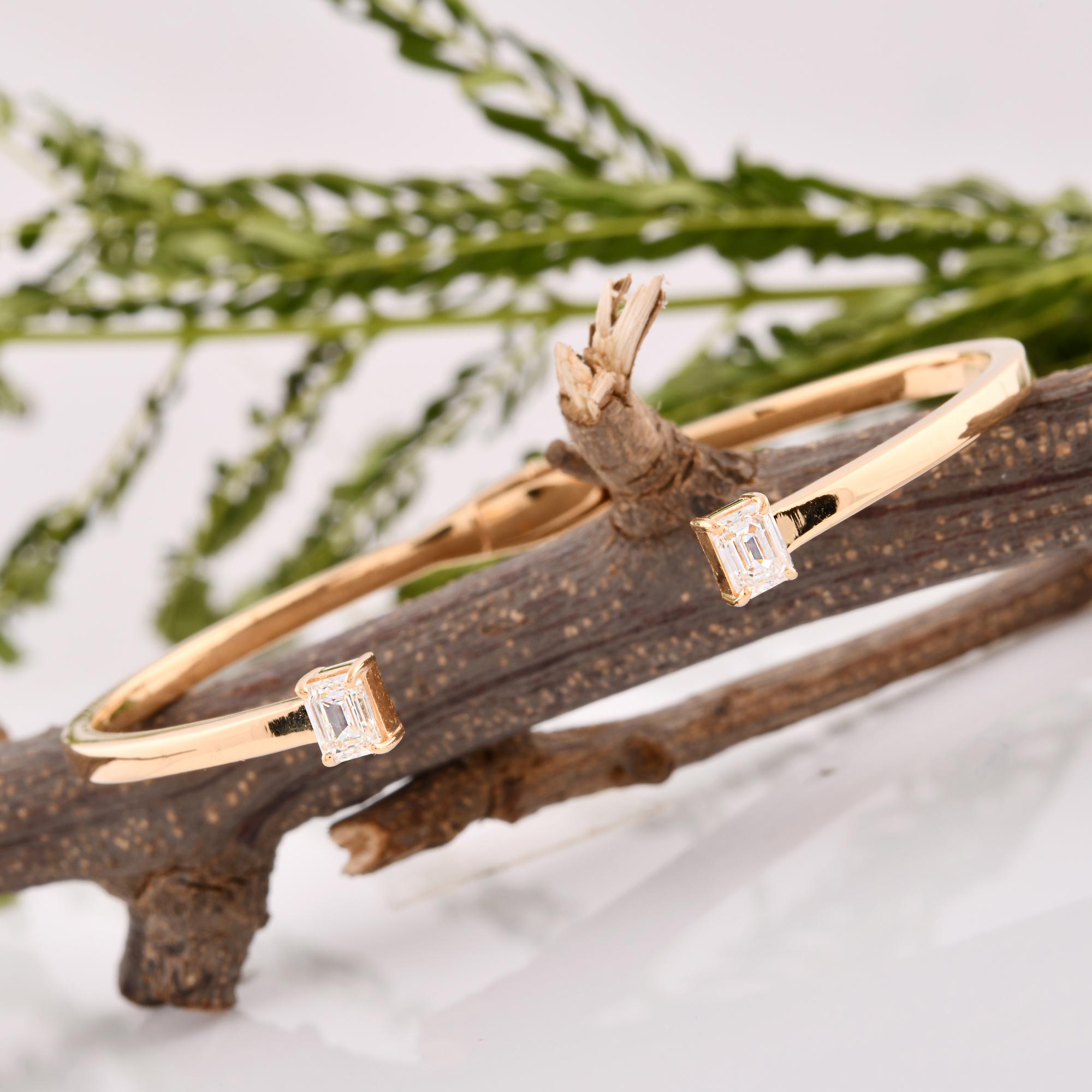 Women's Emerald Cut Diamond Open Cuff Bracelet 14 Karat Yellow Gold Handmade Jewelry For Sale