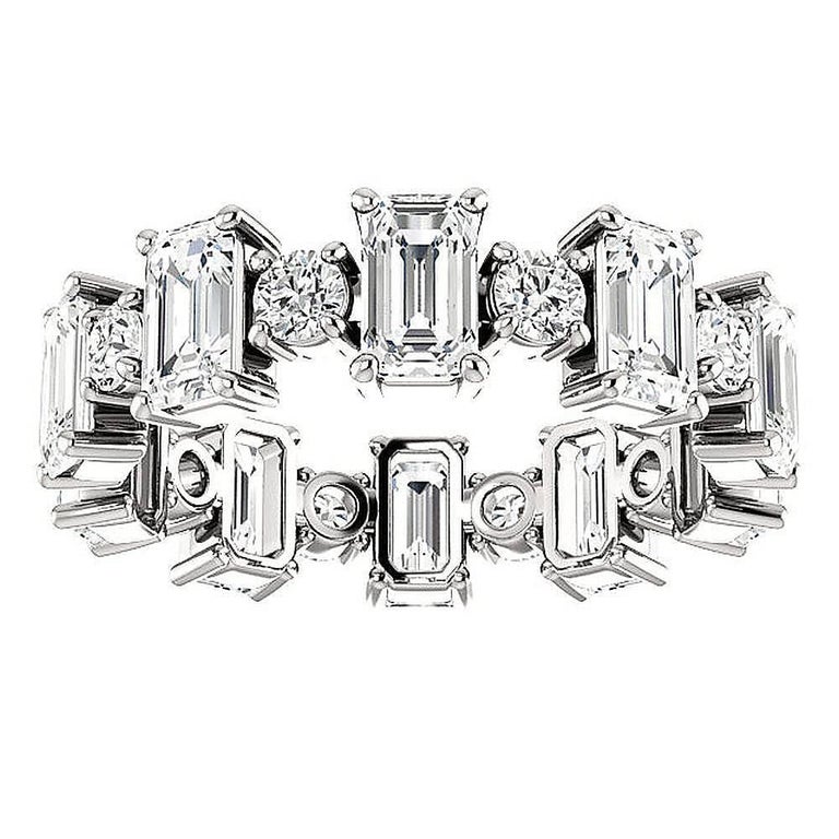 Emerald Cut Diamond Platinum Alternating Round Eternity Band
