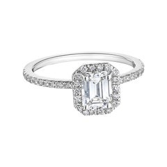 Emerald Cut Diamond Platinum Engagement Ring with Micro-Pavé Halo and Shank