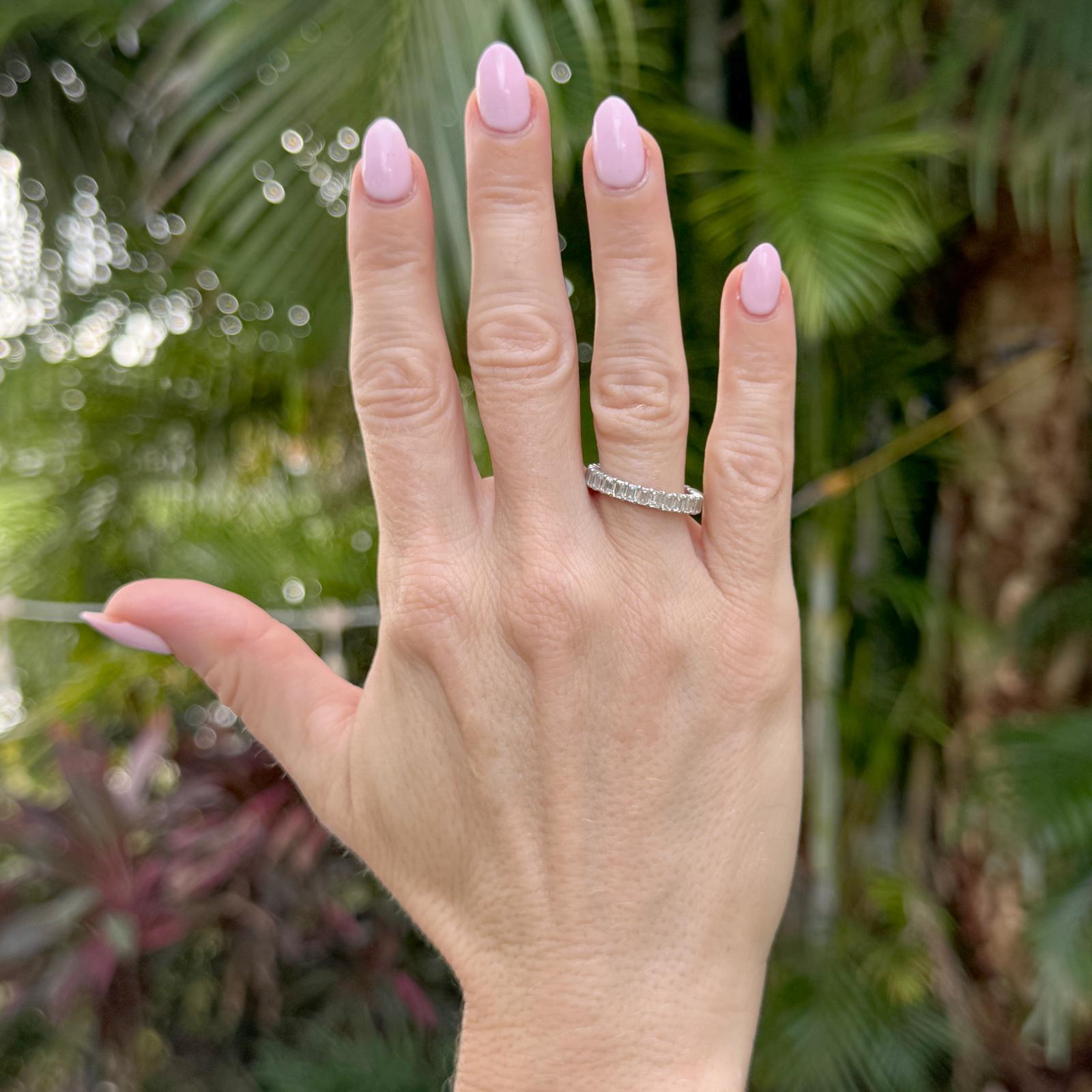 Modern Emerald Cut Diamond Platinum Eternity Wedding Anniversary Band Ring Size 6 For Sale