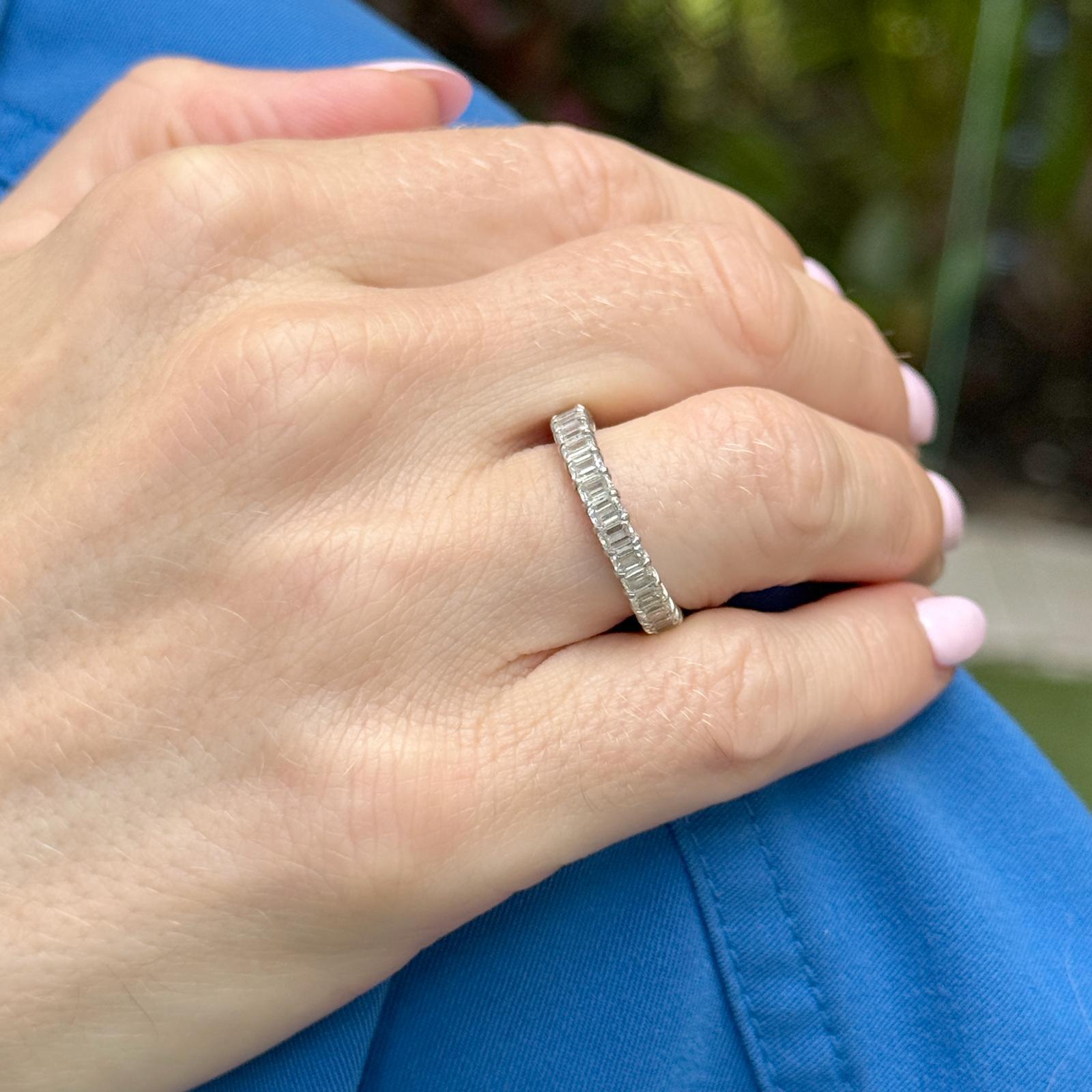 Emerald Cut Diamond Platinum Eternity Wedding Anniversary Band Ring Size 6 For Sale 1