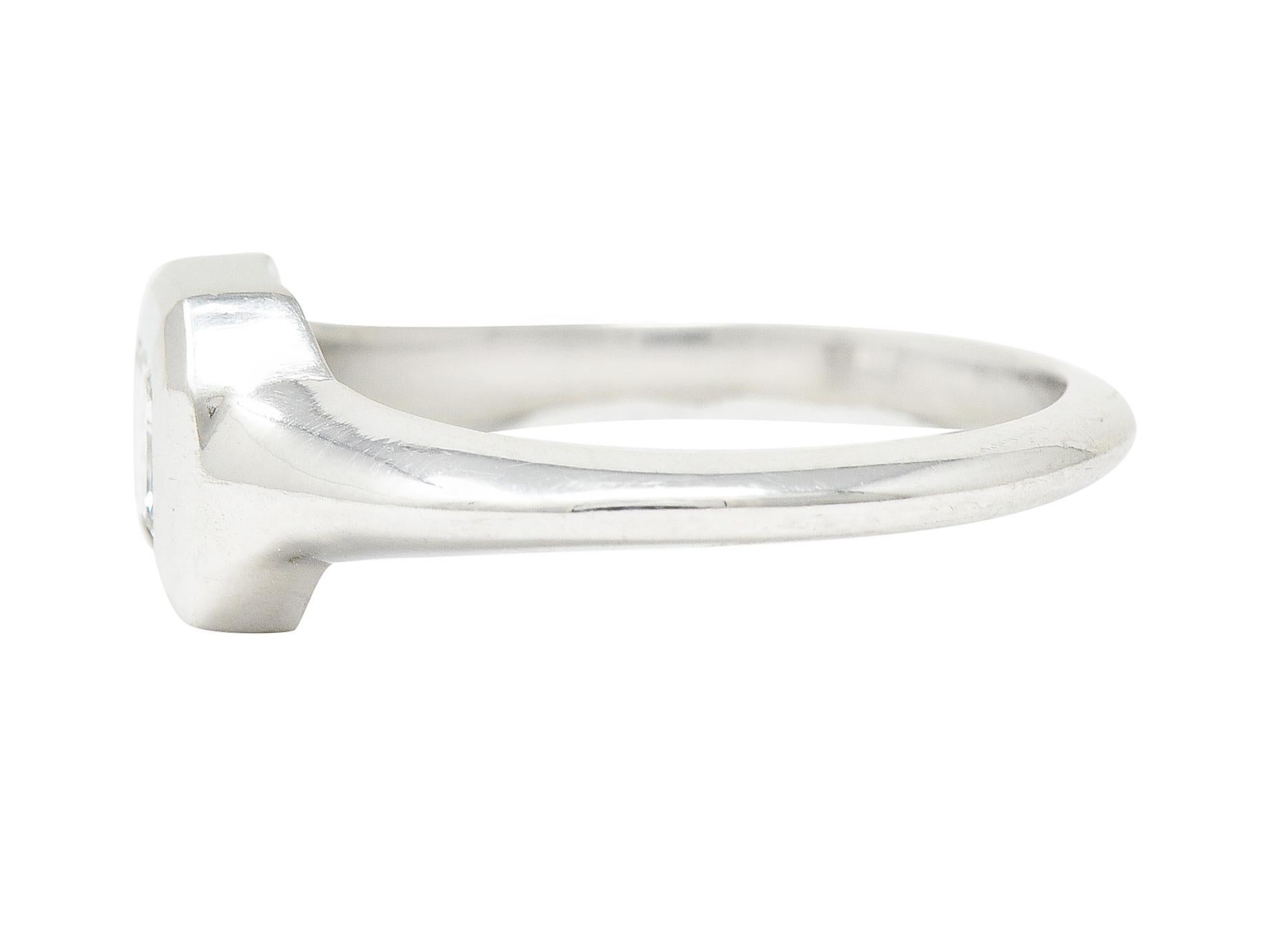 Emerald Cut Diamond Platinum Flush Set Solitaire Unisex Engagement Ring For Sale 1