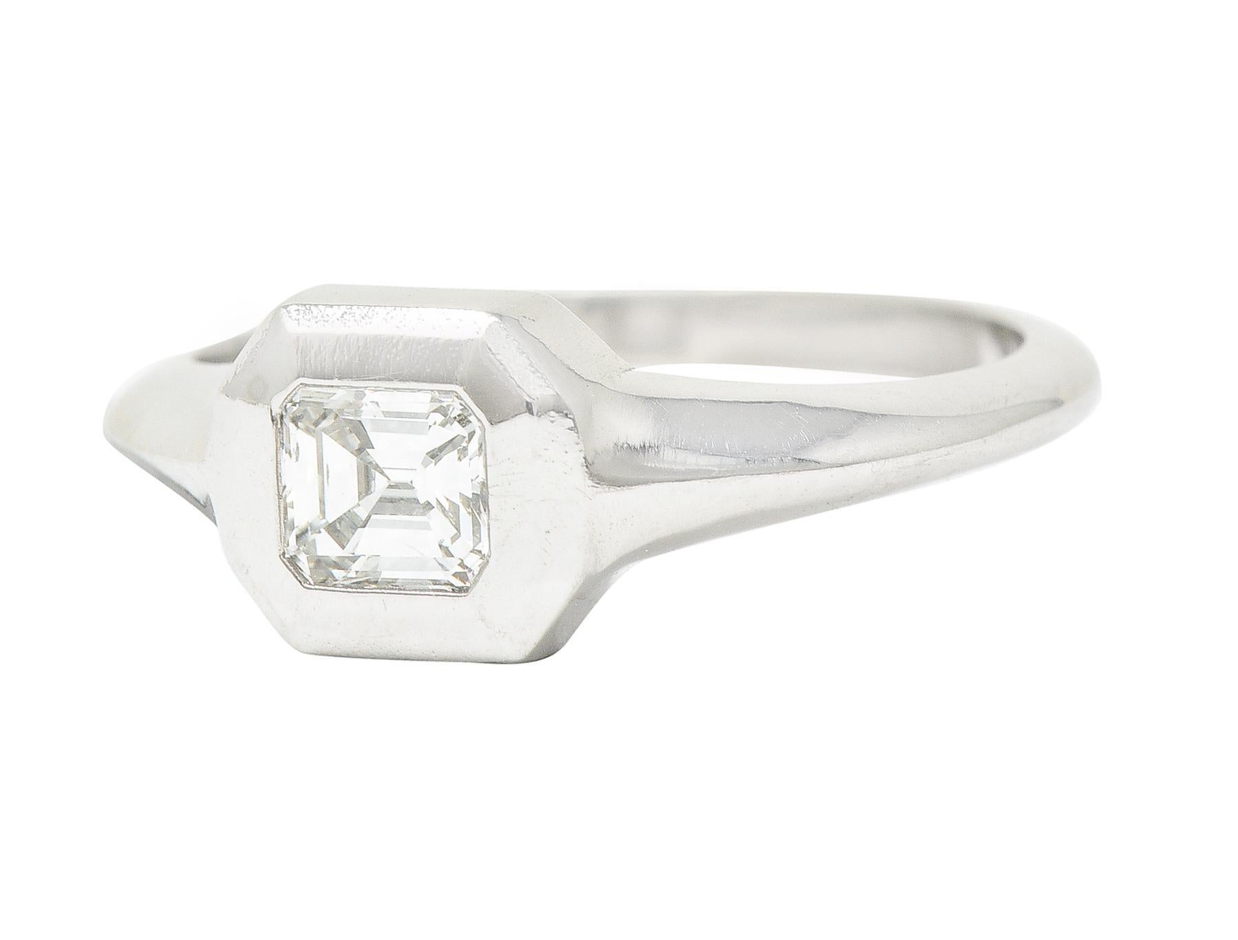 Emerald Cut Diamond Platinum Flush Set Solitaire Unisex Engagement Ring For Sale 2