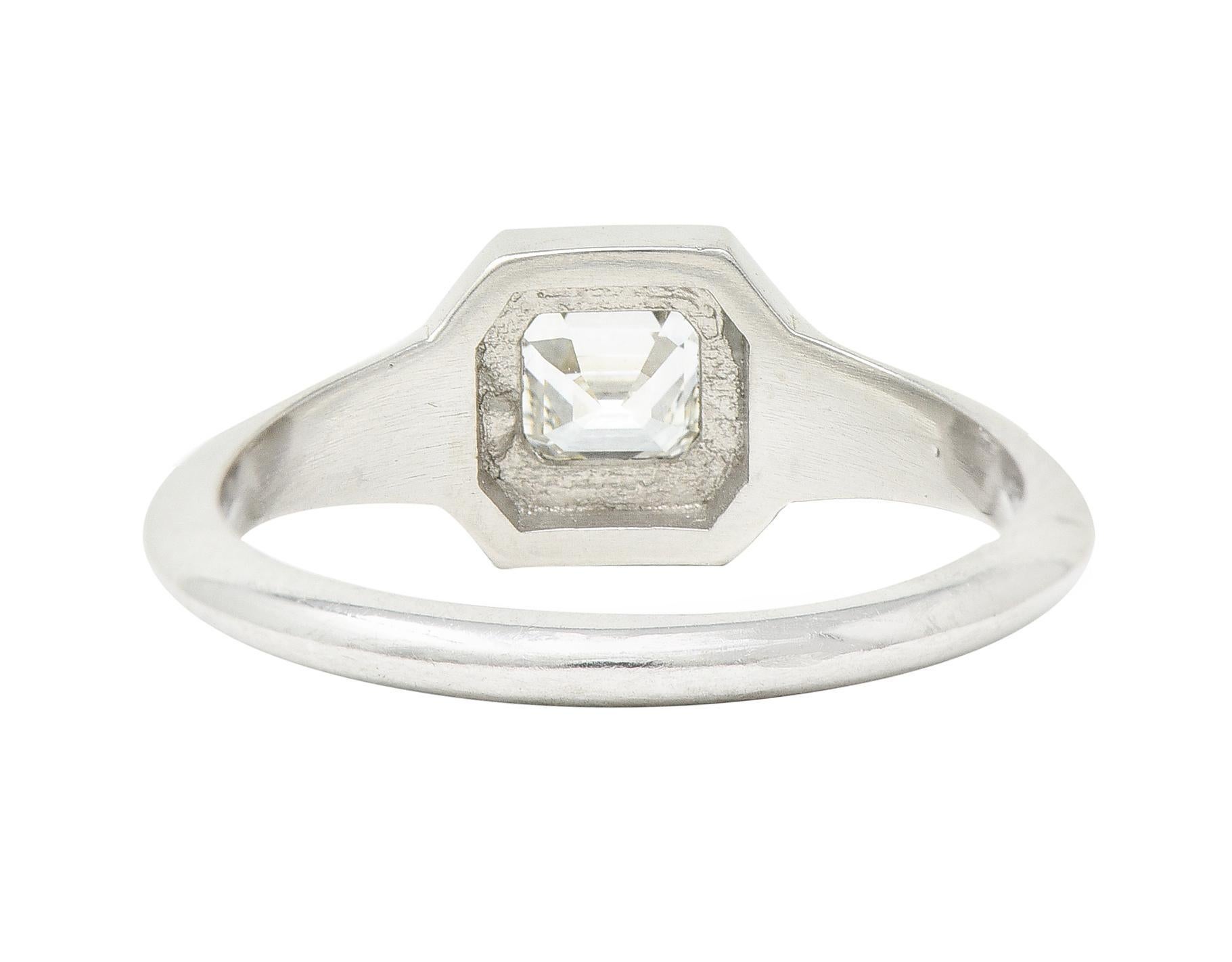 Emerald Cut Diamond Platinum Flush Set Solitaire Unisex Engagement Ring For Sale 3