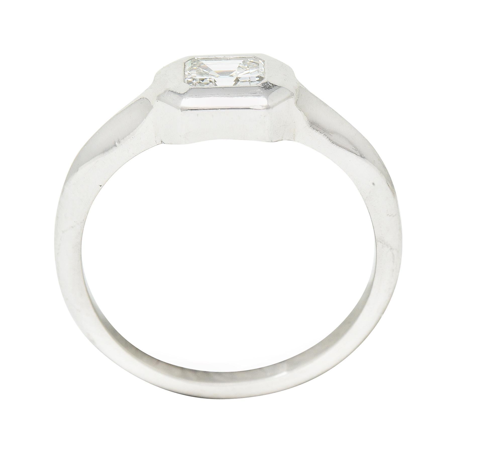 Emerald Cut Diamond Platinum Flush Set Solitaire Unisex Engagement Ring For Sale 4