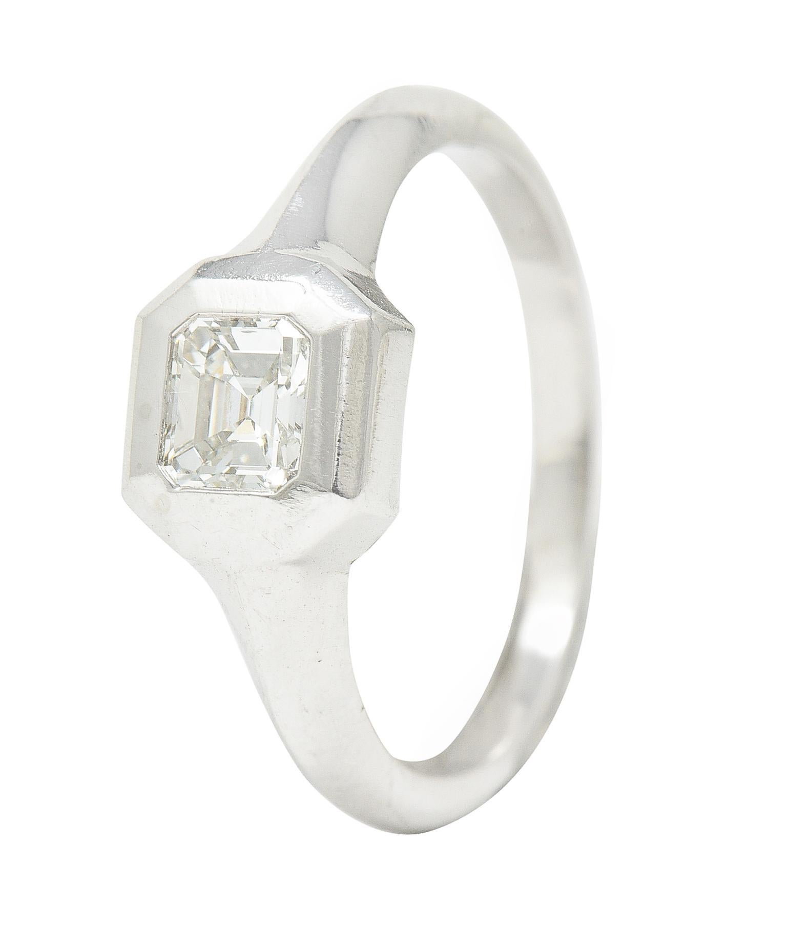 Emerald Cut Diamond Platinum Flush Set Solitaire Unisex Engagement Ring For Sale 5