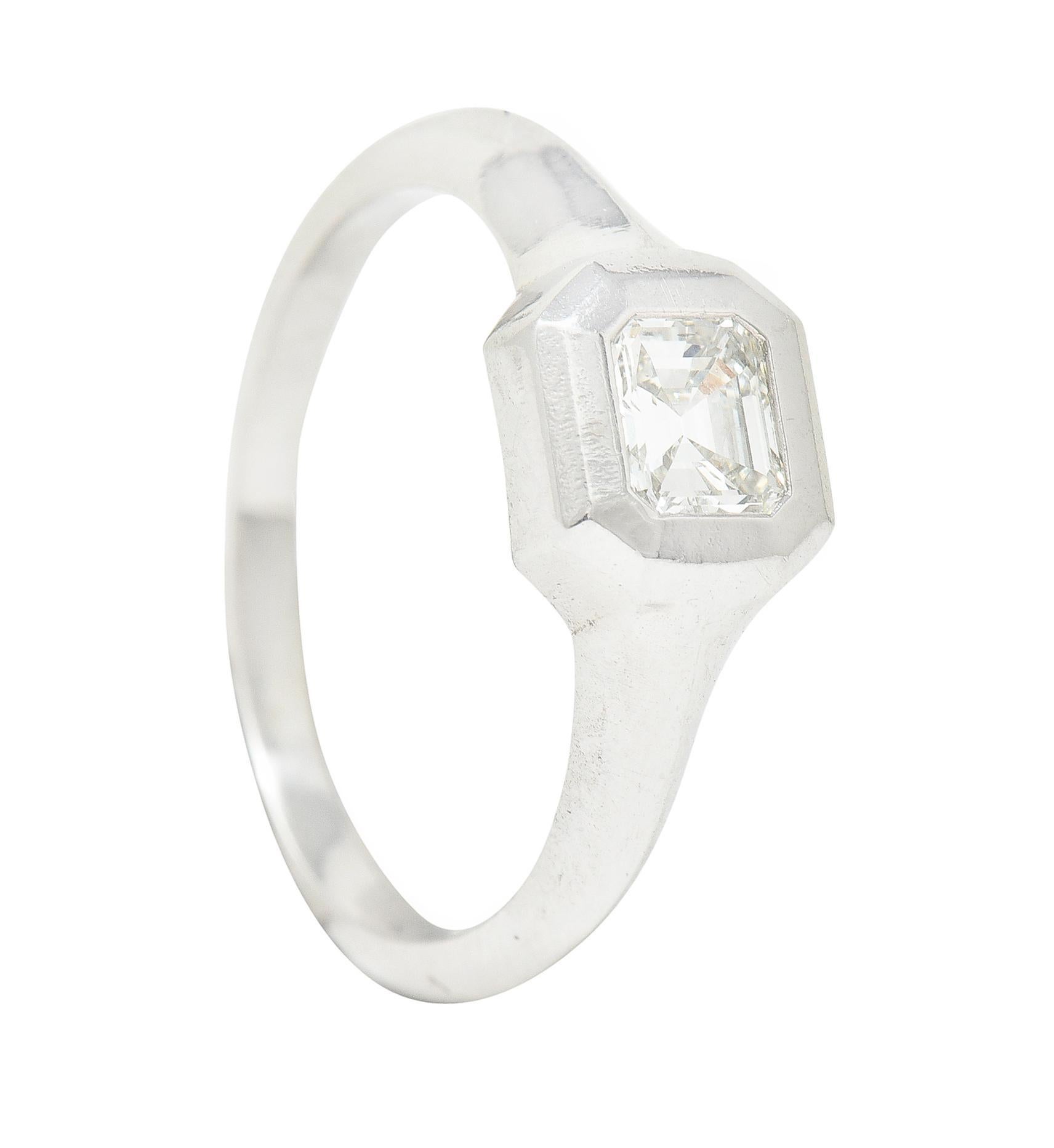 Emerald Cut Diamond Platinum Flush Set Solitaire Unisex Engagement Ring For Sale 6