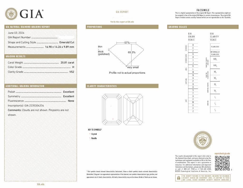 Taglio smeraldo Emerald-Cut Diamond Platinum Ring, GIA Certified H VS2, 20ct Center in vendita