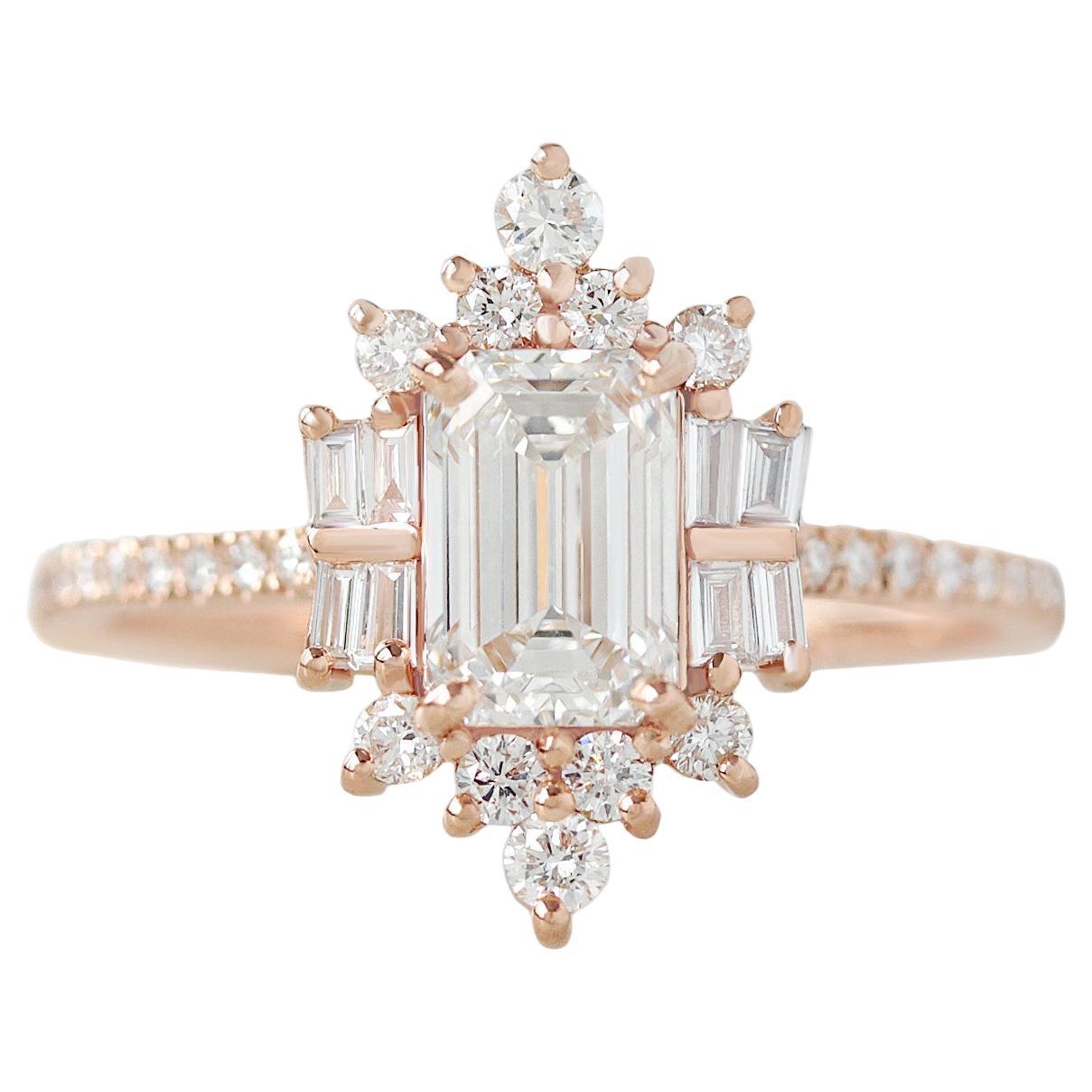 For Sale:  Emerald Cut Diamond Ring Unique Art Deco Engagement Ring The Mirror Palace