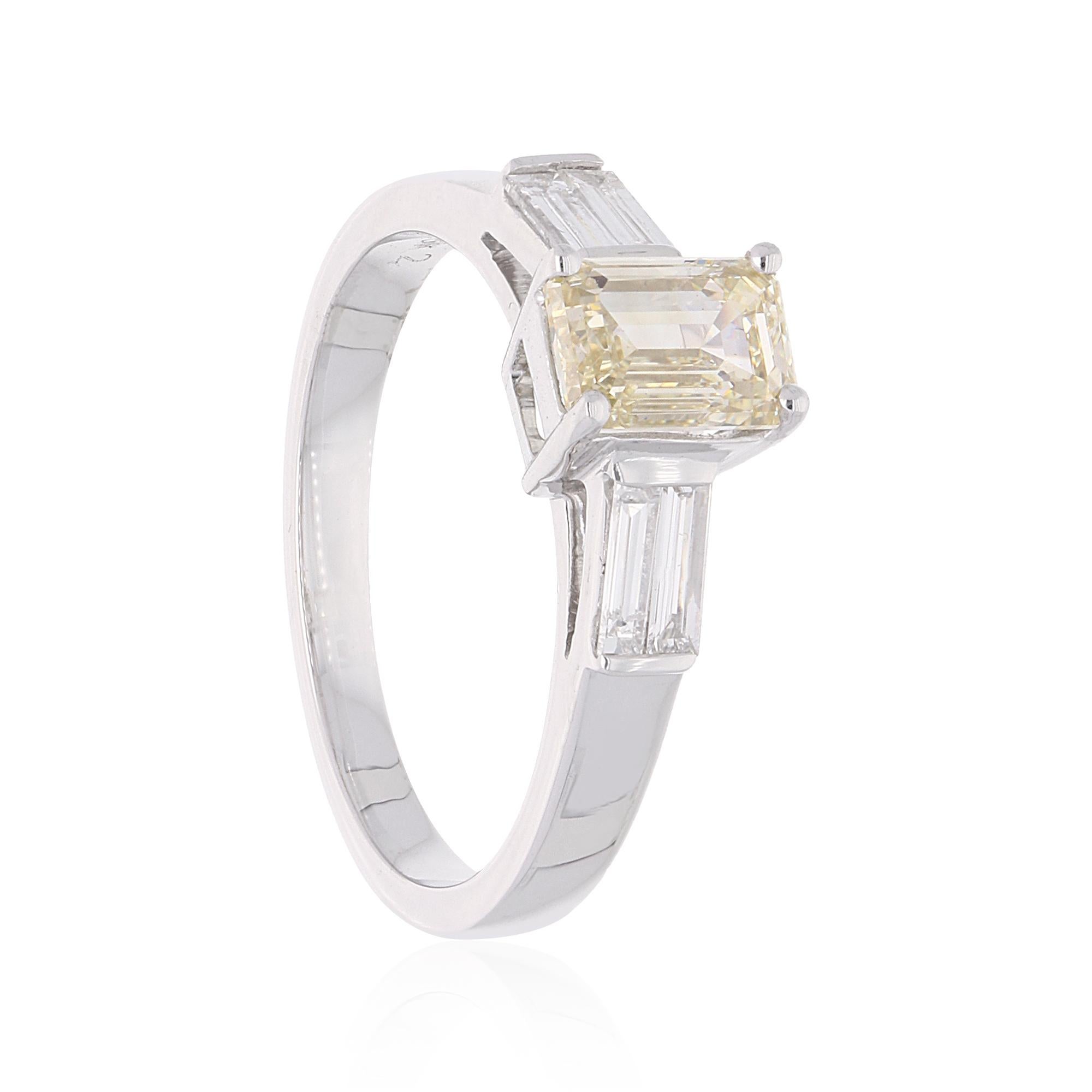 Modern Emerald Cut Diamond Ring with Baguette Diamonds 14 Karat White Gold Fine Jewelry For Sale