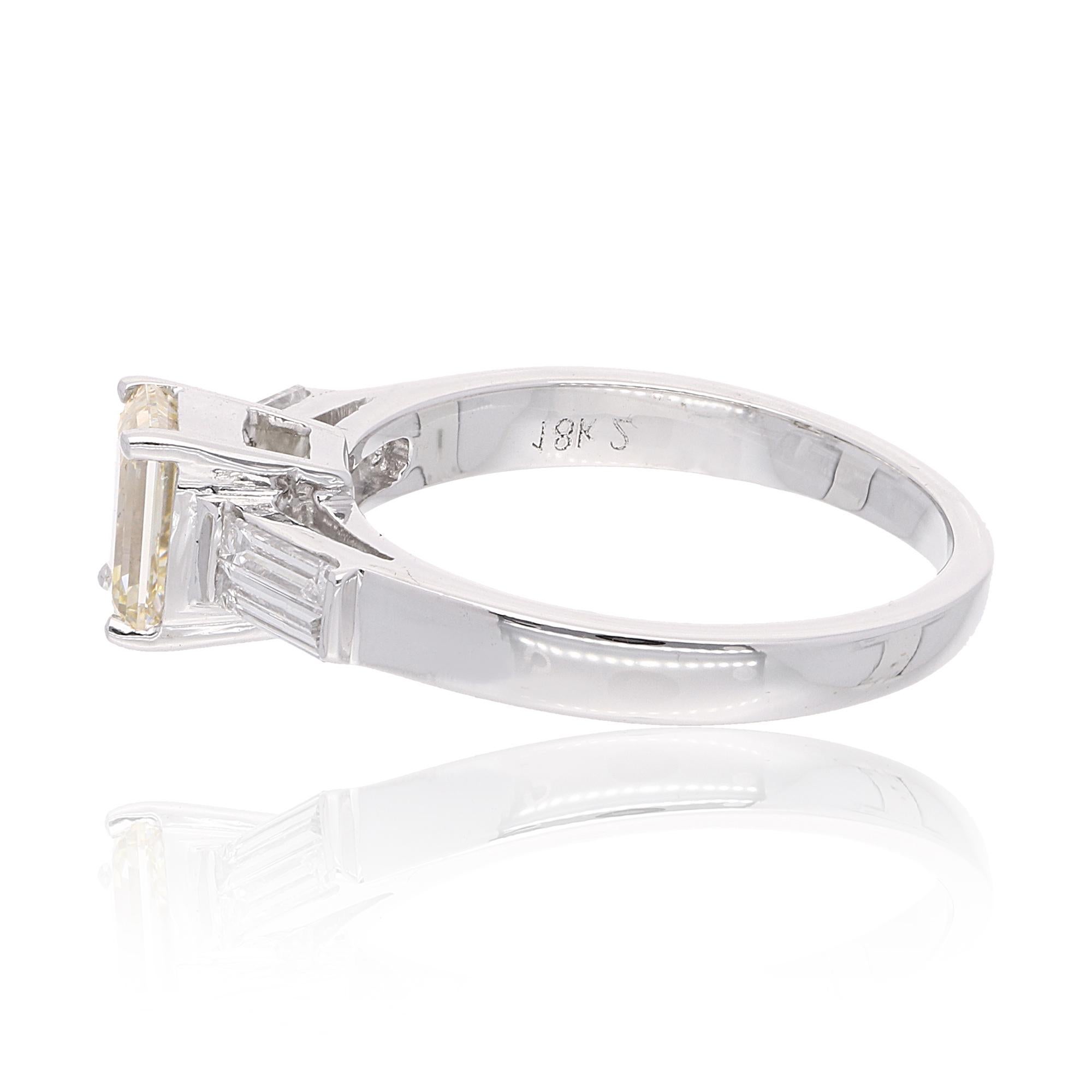 Emerald Cut Diamond Ring with Baguette Diamonds 14 Karat White Gold Fine Jewelry For Sale 1