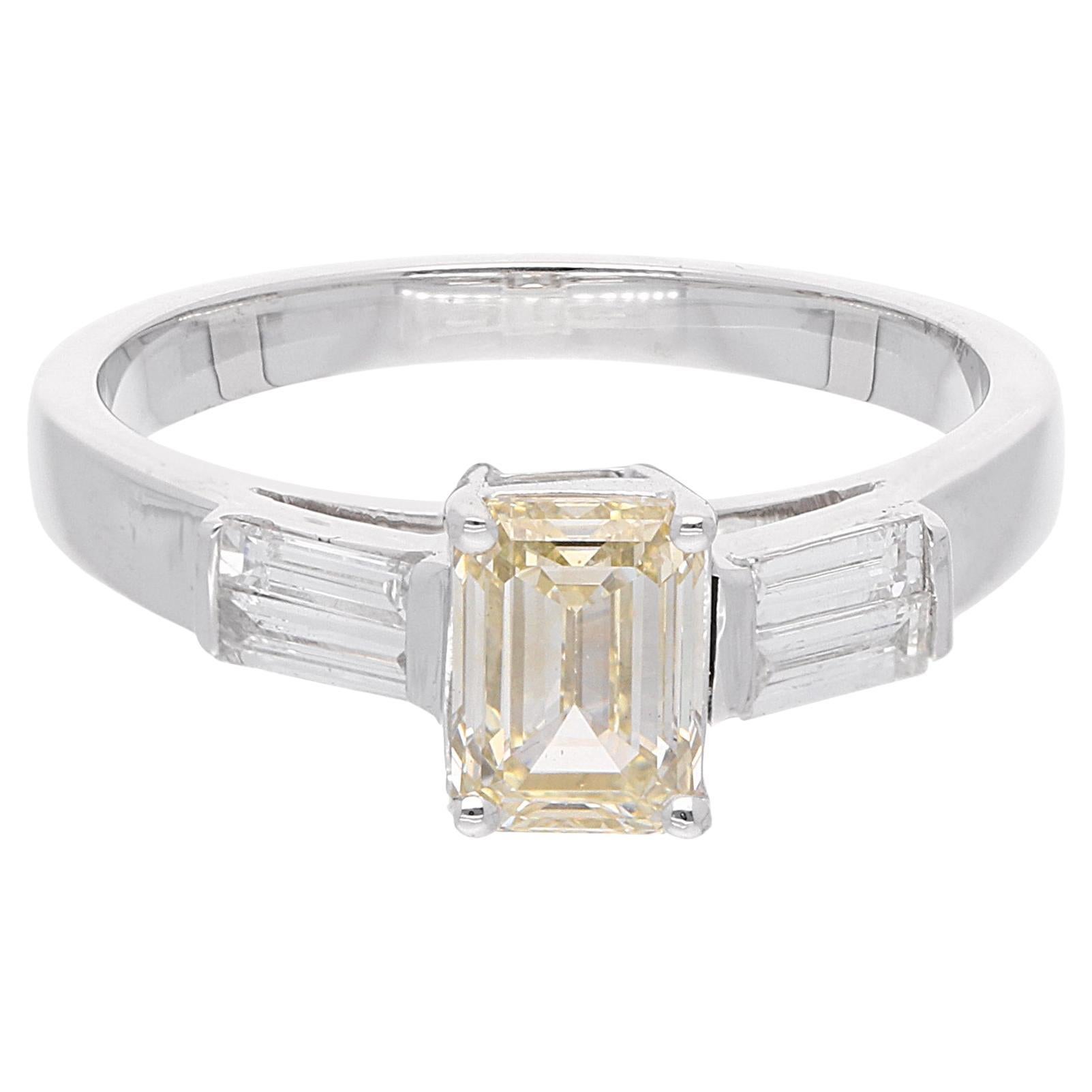 Emerald Cut Diamond Ring with Baguette Diamonds 14 Karat White Gold Fine Jewelry For Sale