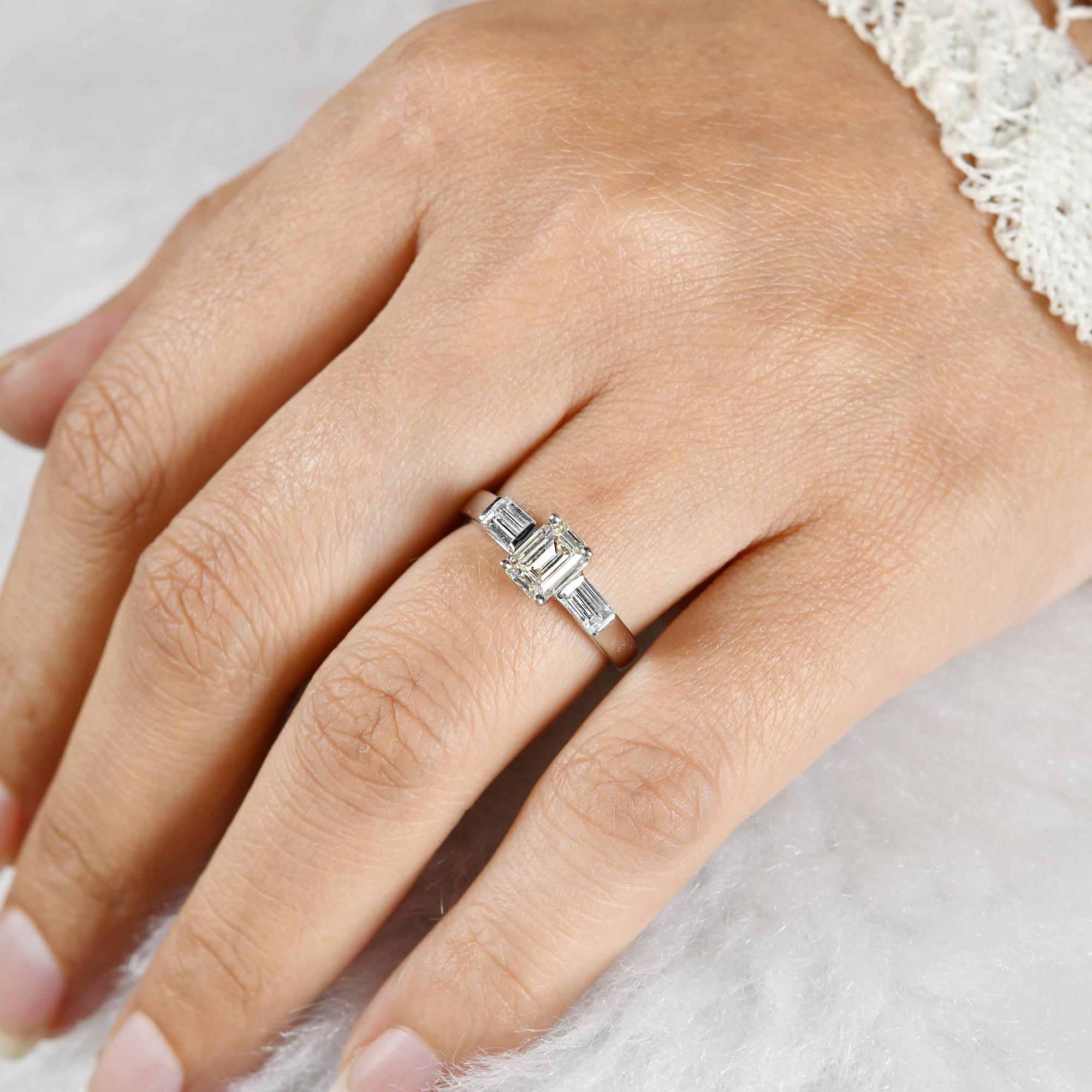 Women's Emerald Cut Diamond Ring with Baguette Diamonds 18 Karat White Gold Fine Jewelry For Sale