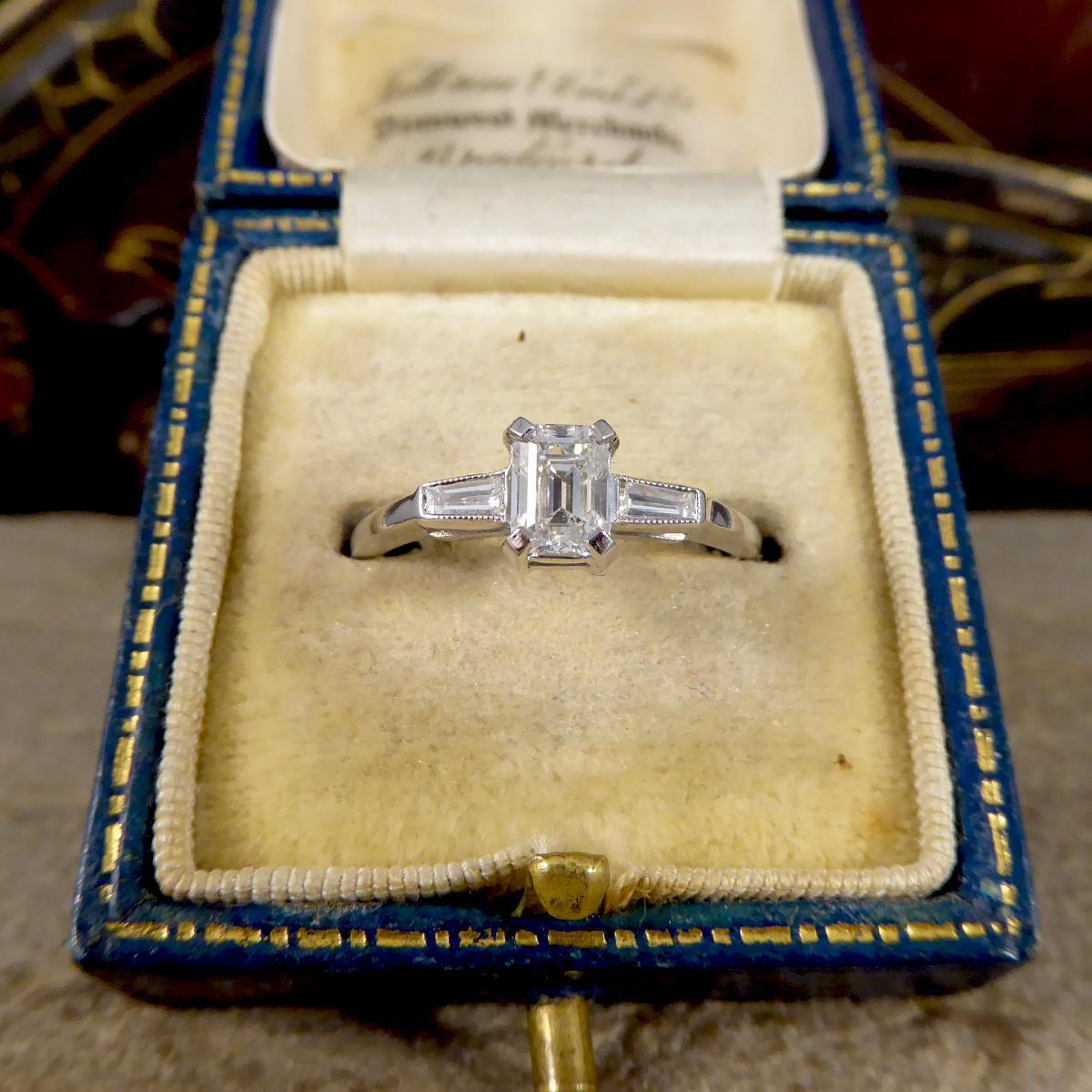 Women's or Men's Emerald Cut Diamond Ring with Diamond Baguette Cut Shoulders in Platinum