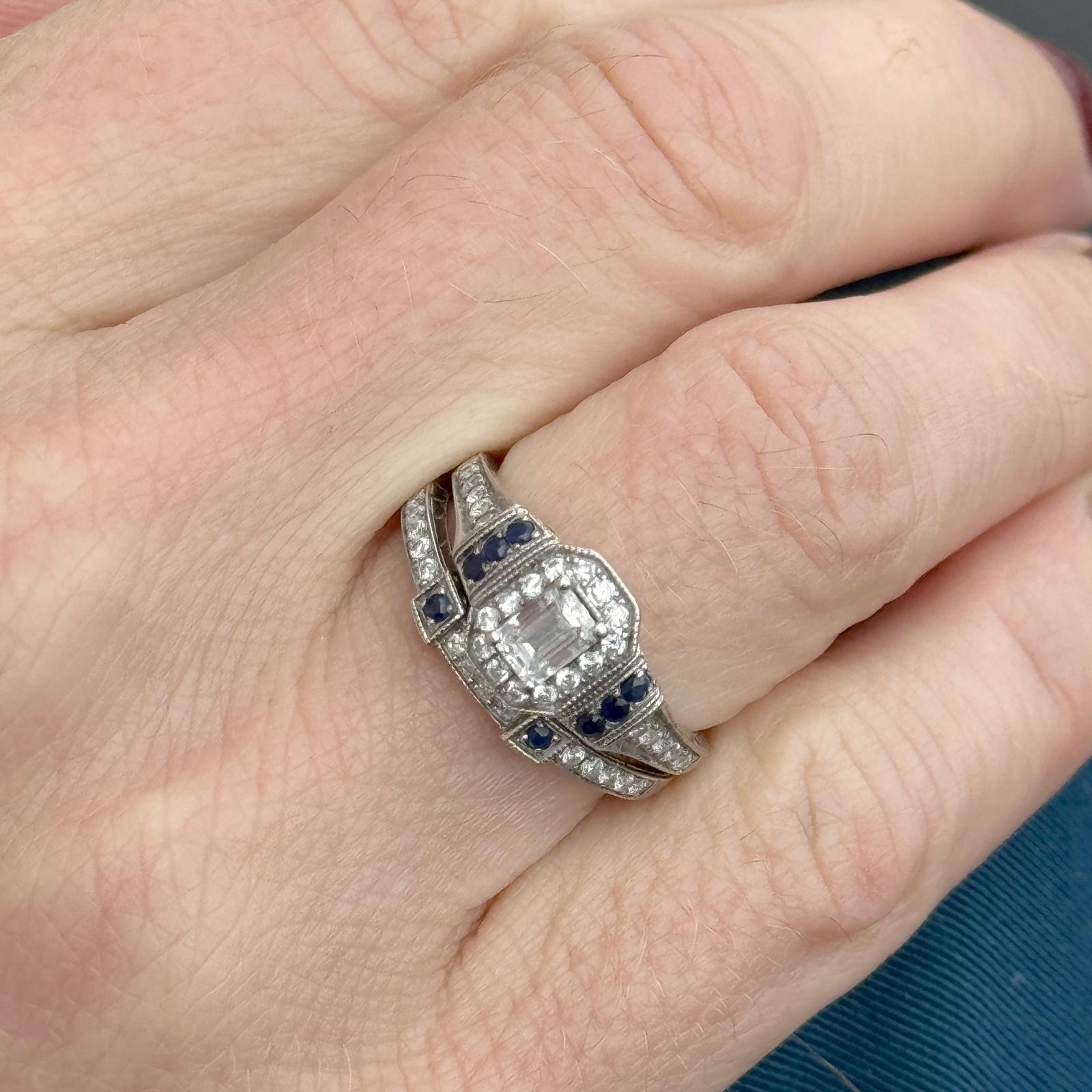 Modern Emerald Cut Diamond Sapphire 14 Karat White Gold Engagement Bridal Set Ring For Sale