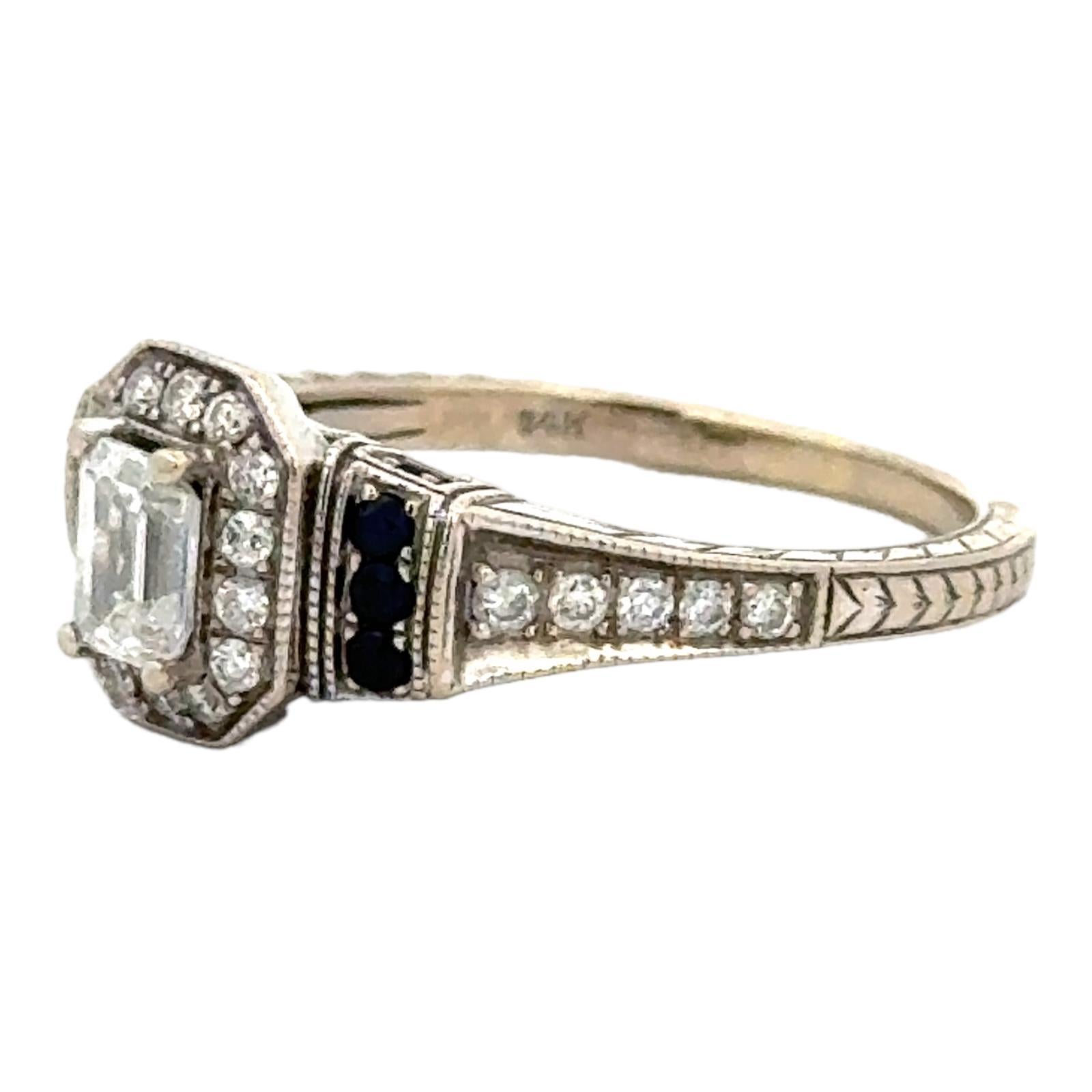 Women's Emerald Cut Diamond Sapphire 14 Karat White Gold Engagement Bridal Set Ring For Sale