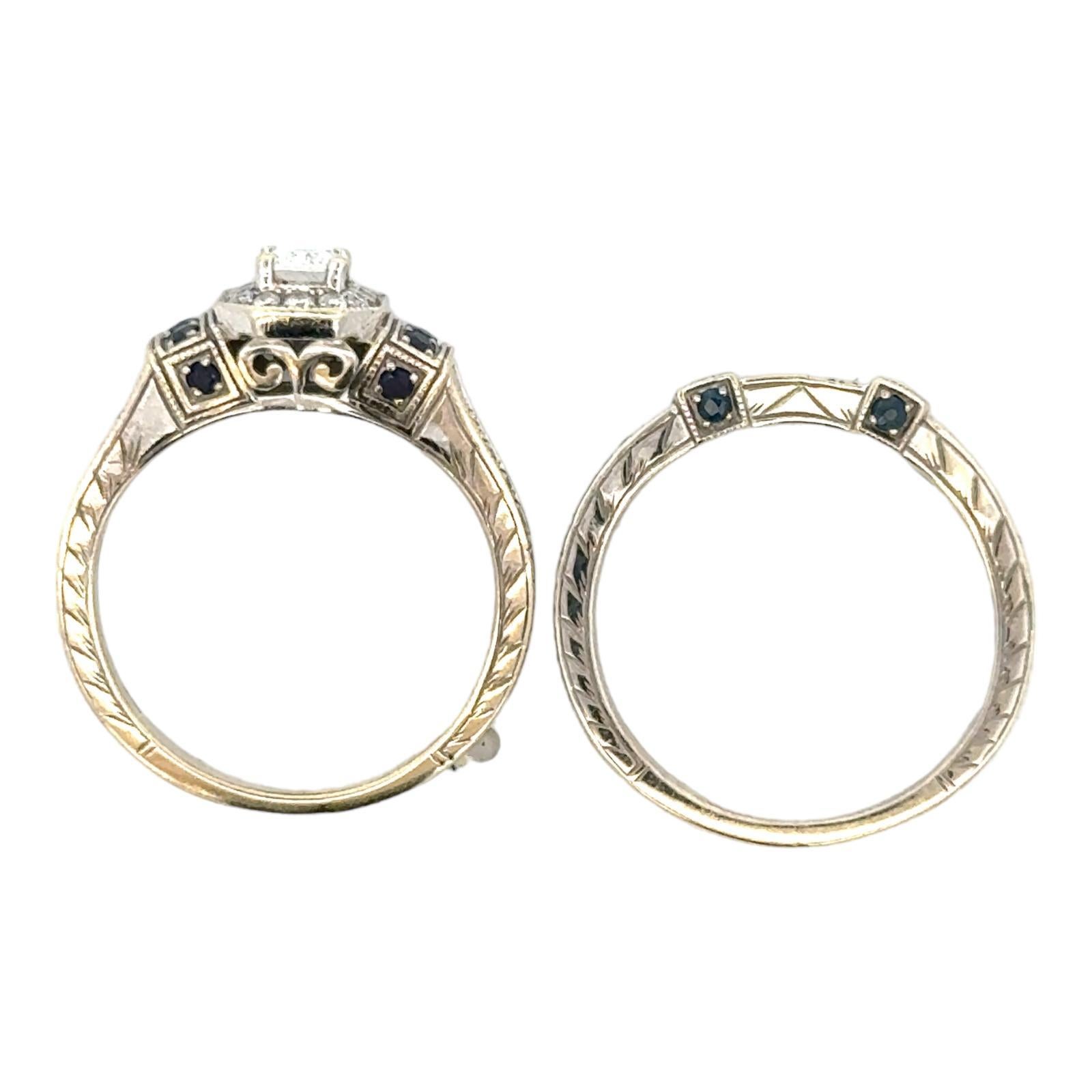 Emerald Cut Diamond Sapphire 14 Karat White Gold Engagement Bridal Set Ring For Sale 1