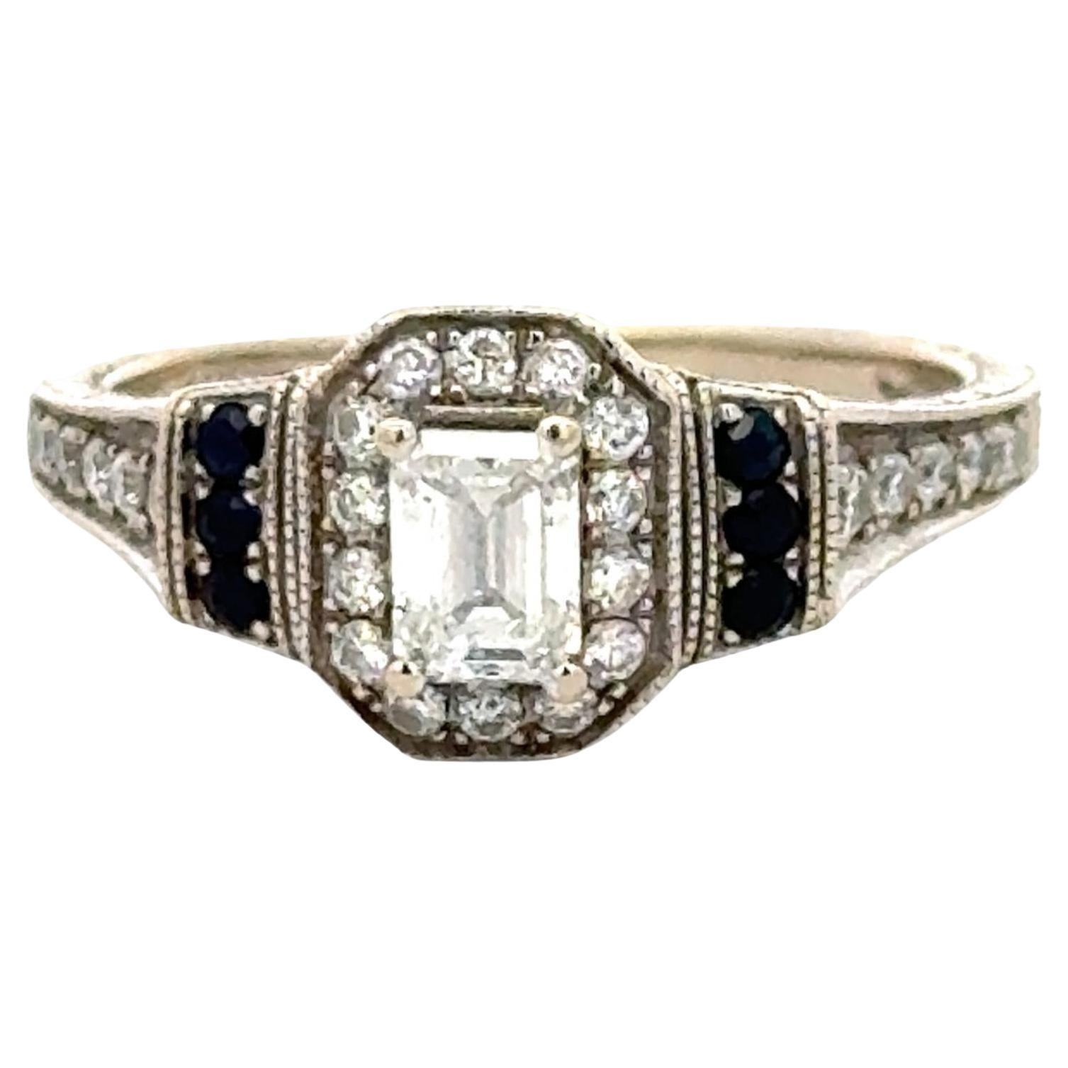 Emerald Cut Diamond Sapphire 14 Karat White Gold Engagement Bridal Set Ring For Sale