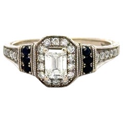 Emerald Cut Diamond Sapphire 14 Karat White Gold Engagement Bridal Set Ring