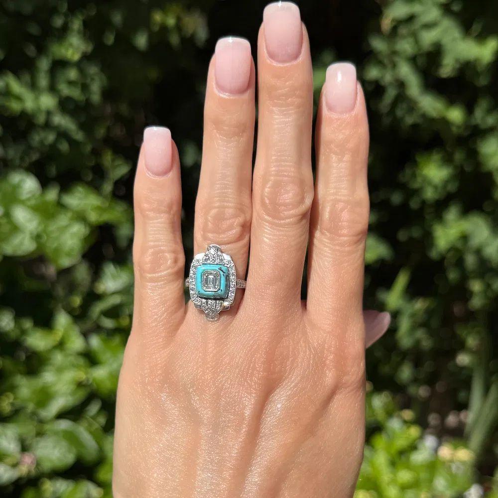 Modernist Emerald Cut Diamond Set in Turquoise and Diamond Platinum Vintage Statement Ring For Sale