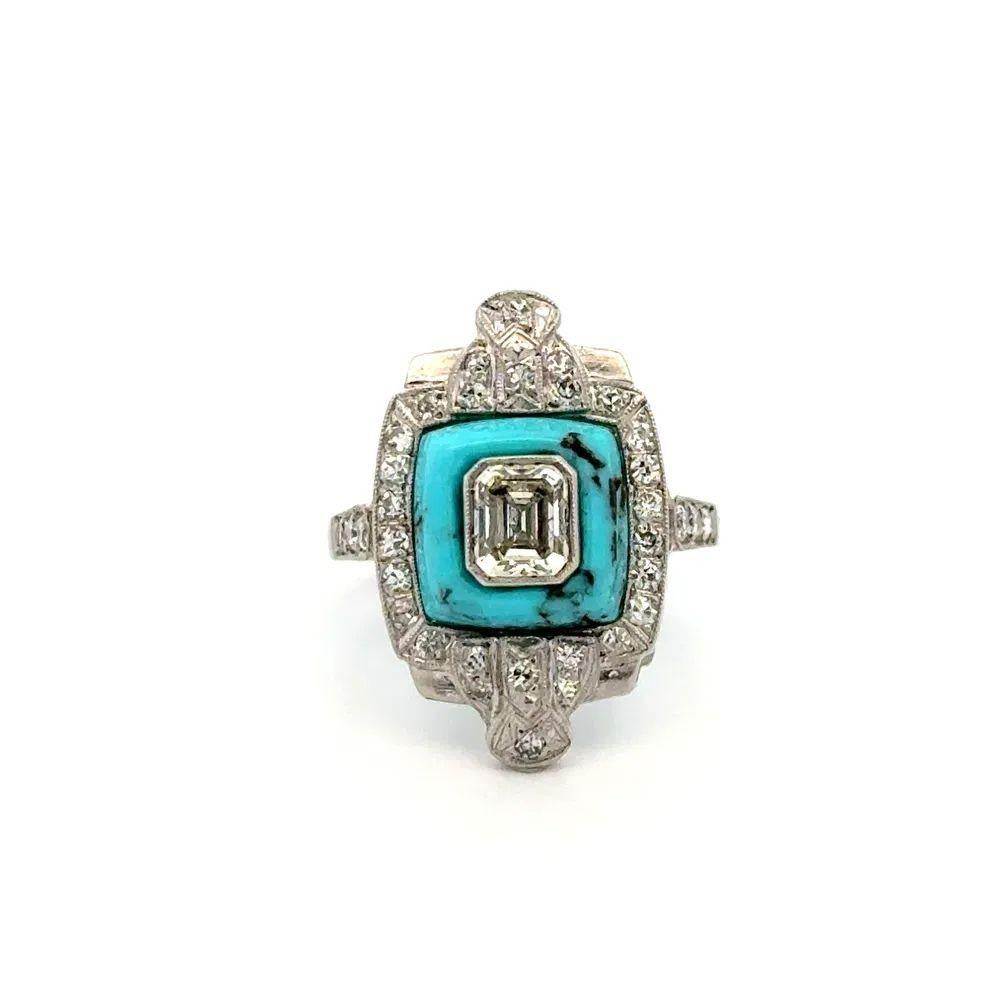 Mixed Cut Emerald Cut Diamond Set in Turquoise and Diamond Platinum Vintage Statement Ring For Sale