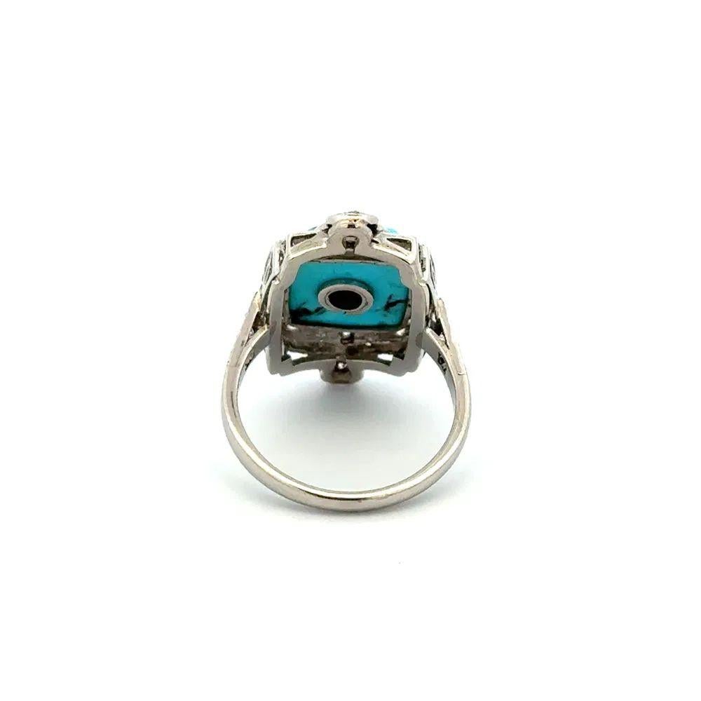 Emerald Cut Diamond Set in Turquoise and Diamond Platinum Vintage Statement Ring In Excellent Condition For Sale In Montreal, QC