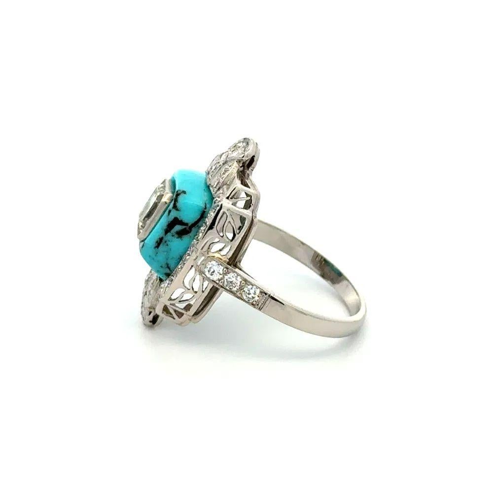Women's Emerald Cut Diamond Set in Turquoise and Diamond Platinum Vintage Statement Ring For Sale
