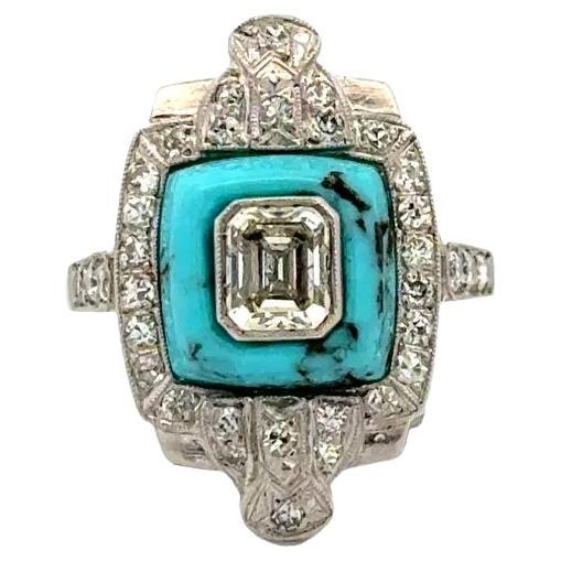 Emerald Cut Diamond Set in Turquoise and Diamond Platinum Vintage Statement Ring For Sale