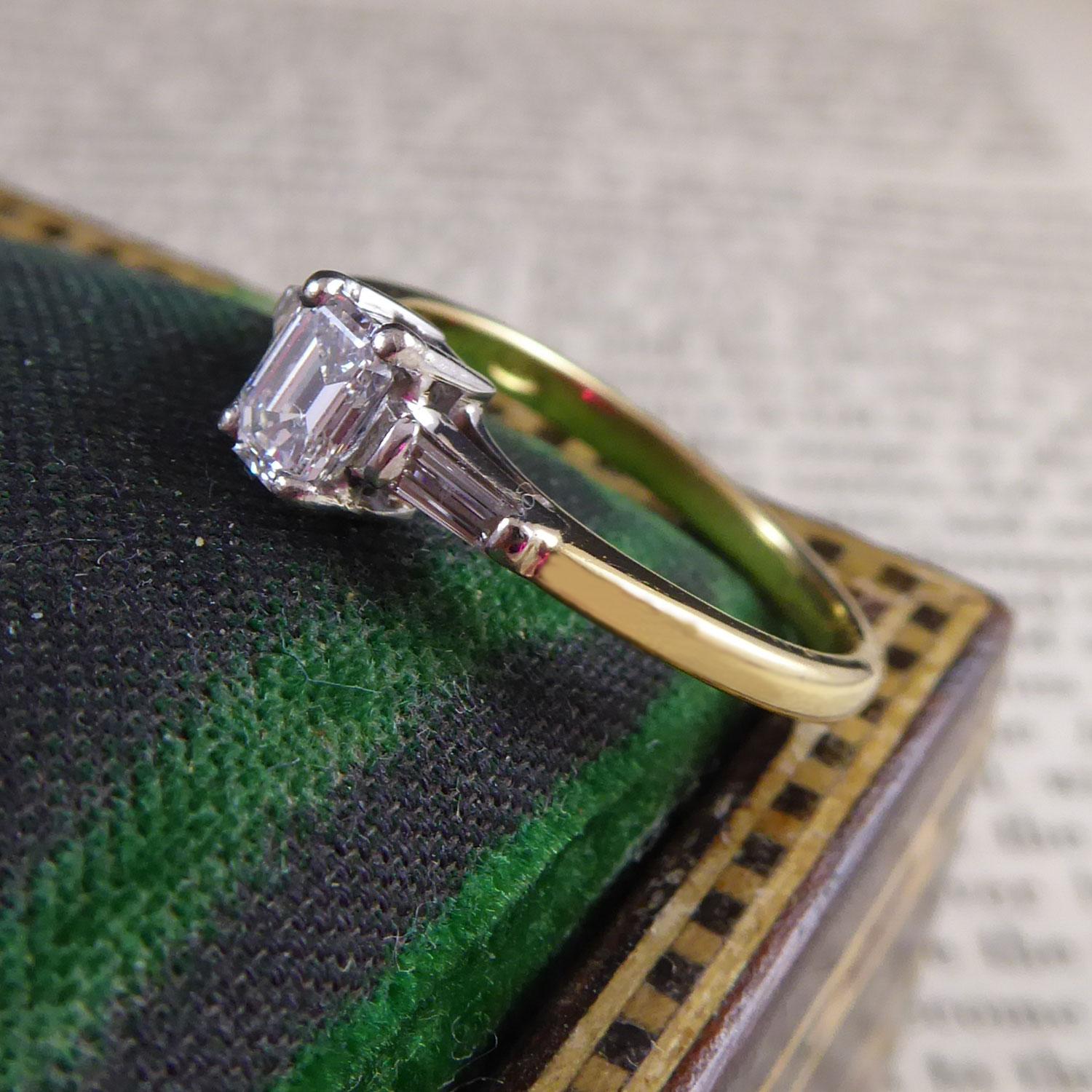 Appealing to the minimalist fan, emerald cut diamonds also have the appeal of the 1920's style.

 

This beautiful ring is set with one such emerald cut diamond, 0.42ct, and of very good quality, having colour of E-F and VS1 clarity.  It is set in