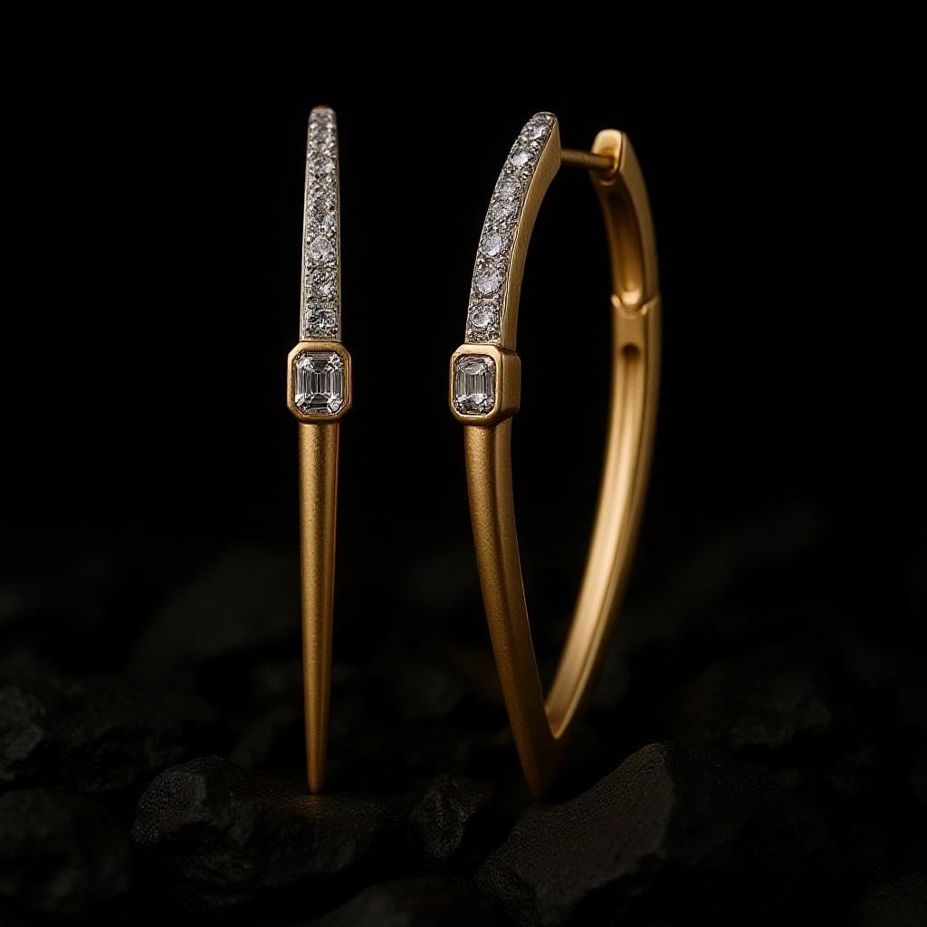 Moderne Boucles d'oreilles en or jaune 14K (ou 18K sur demande) avec diamant taille émeraude et épi en vente
