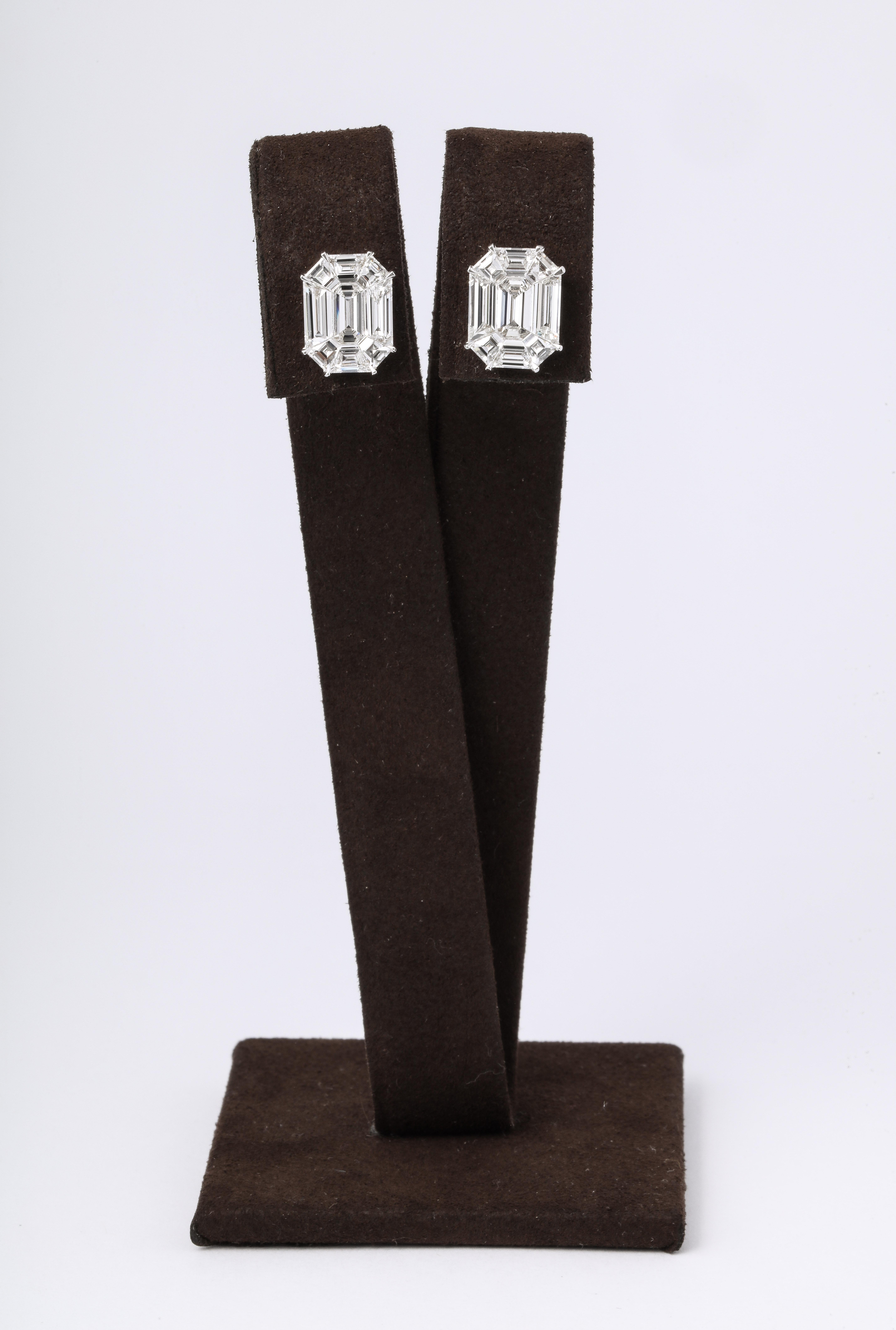 
These earrings give the illusion of 7-8 carat EACH emerald cut studs!

4.35 carats of F VS special cut diamonds, masterly set to look like one emerald cut diamond.

Set in 18k white gold

The earrings measure 12.8 mm x 10 mm approximately. 

A