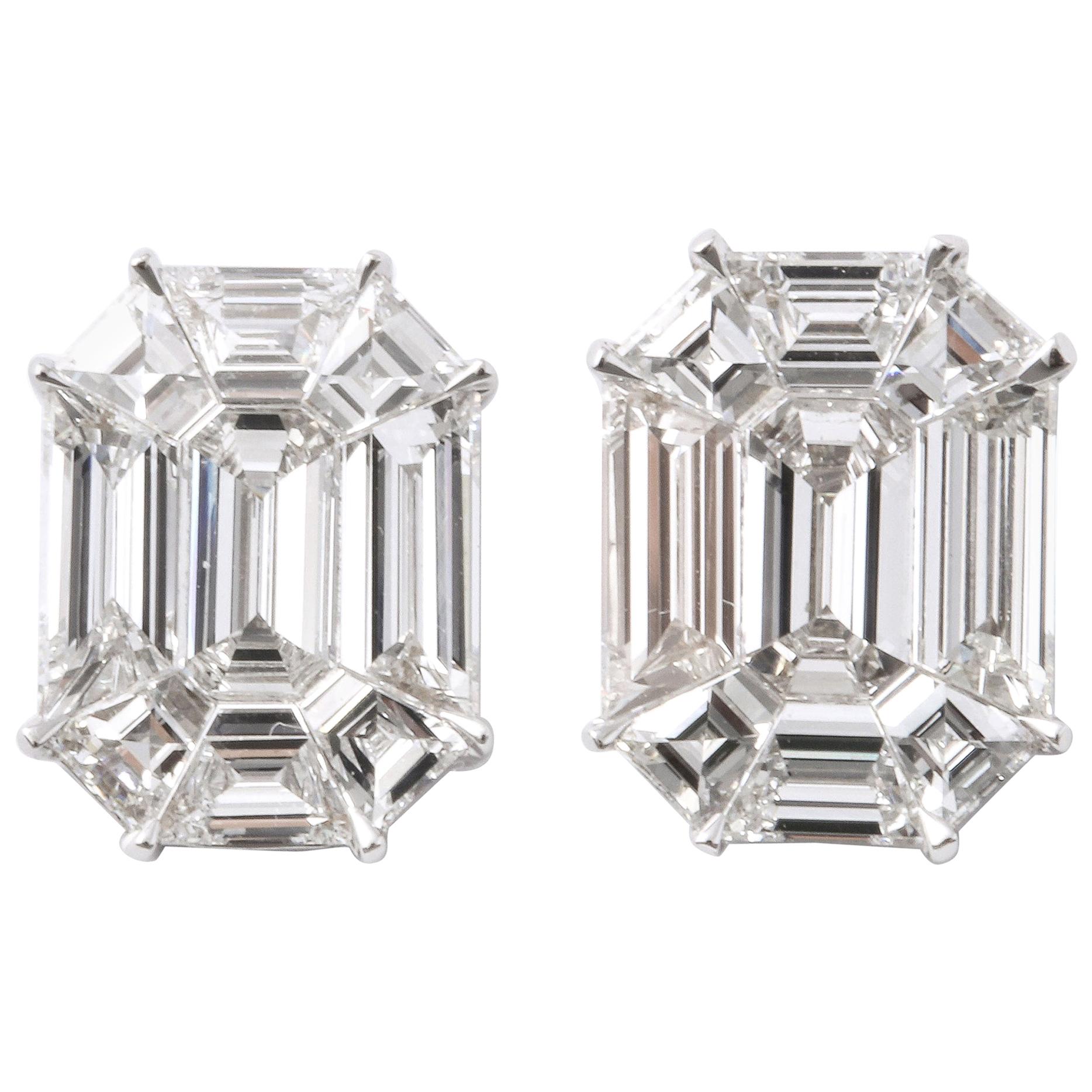 Emerald Cut Diamond Studs Illusion Set For Sale