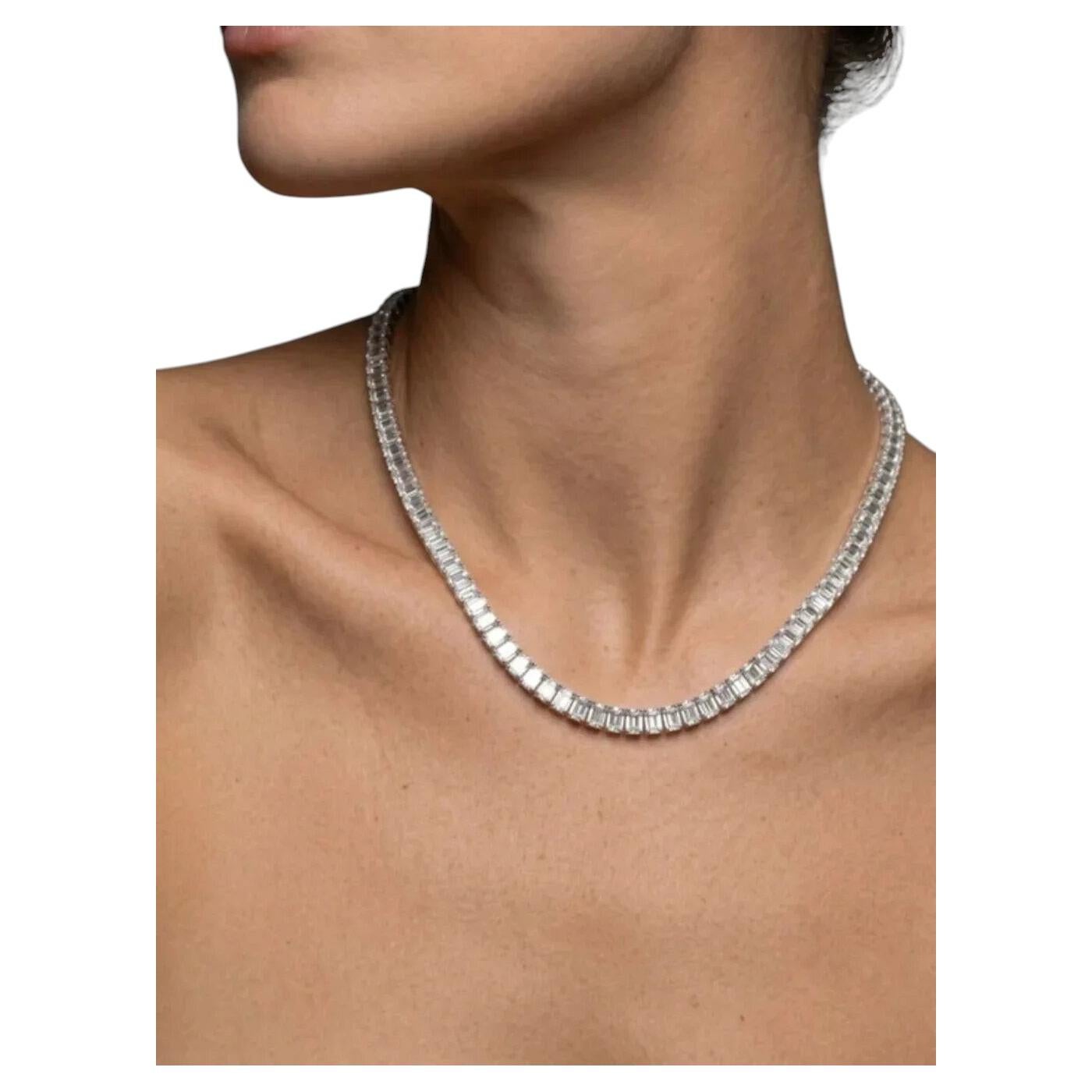 18ct Emerald-Cut Diamond Tennis Necklace in 14K White Gold