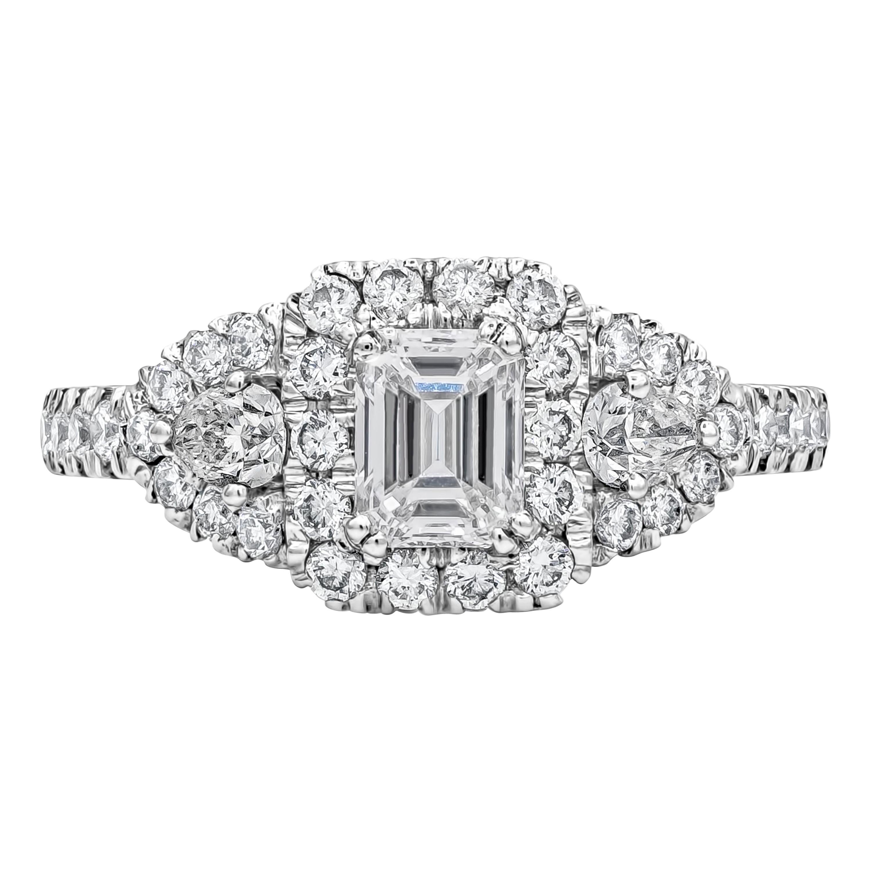 Roman Malakov Emerald Cut Diamond Three-Stone Halo Engagement Ring