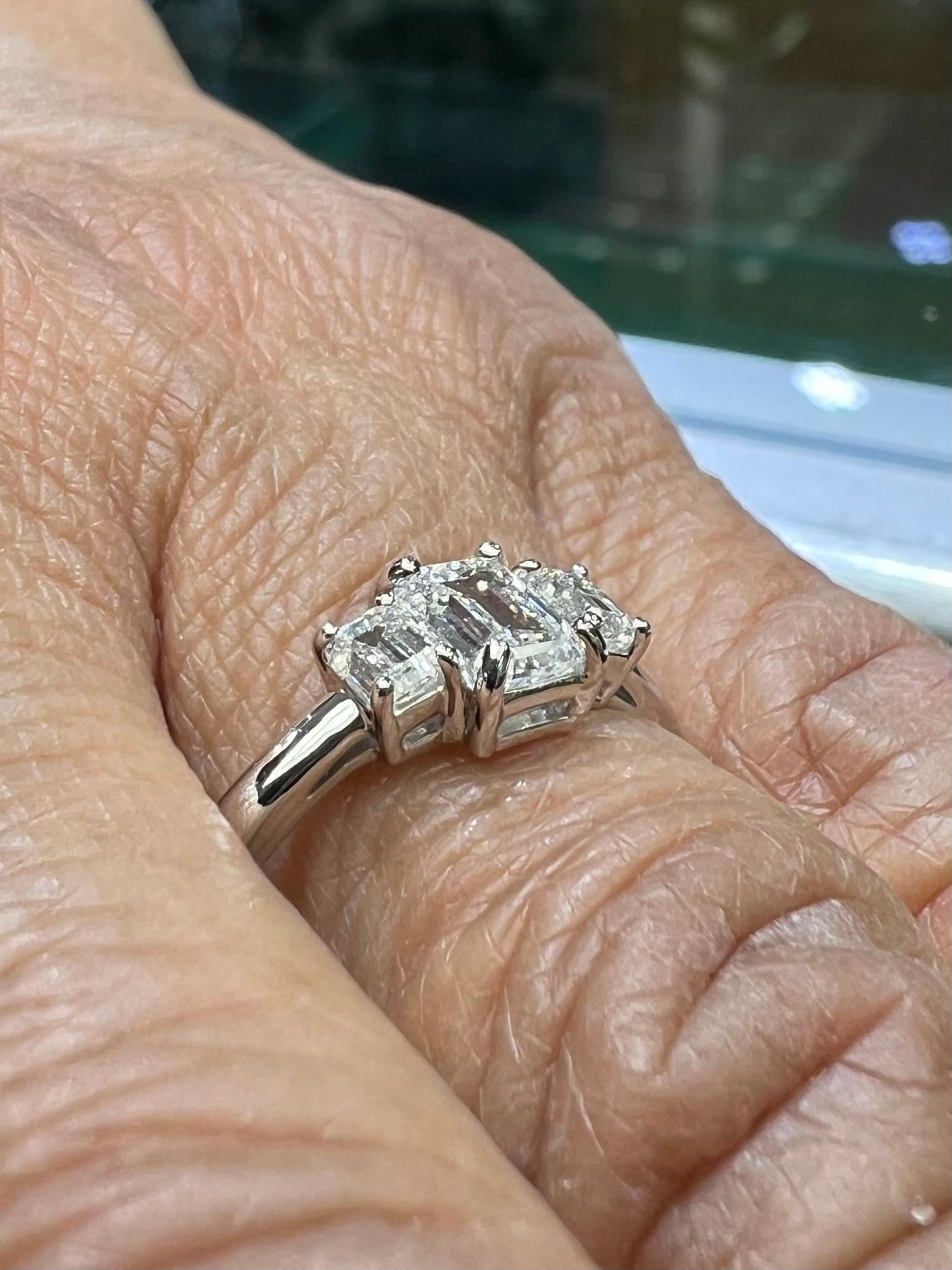Emerald Cut Diamond Three Stone Ring  For Sale 4