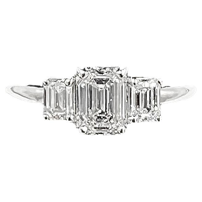 Emerald Cut Diamond Three Stone Ring  For Sale