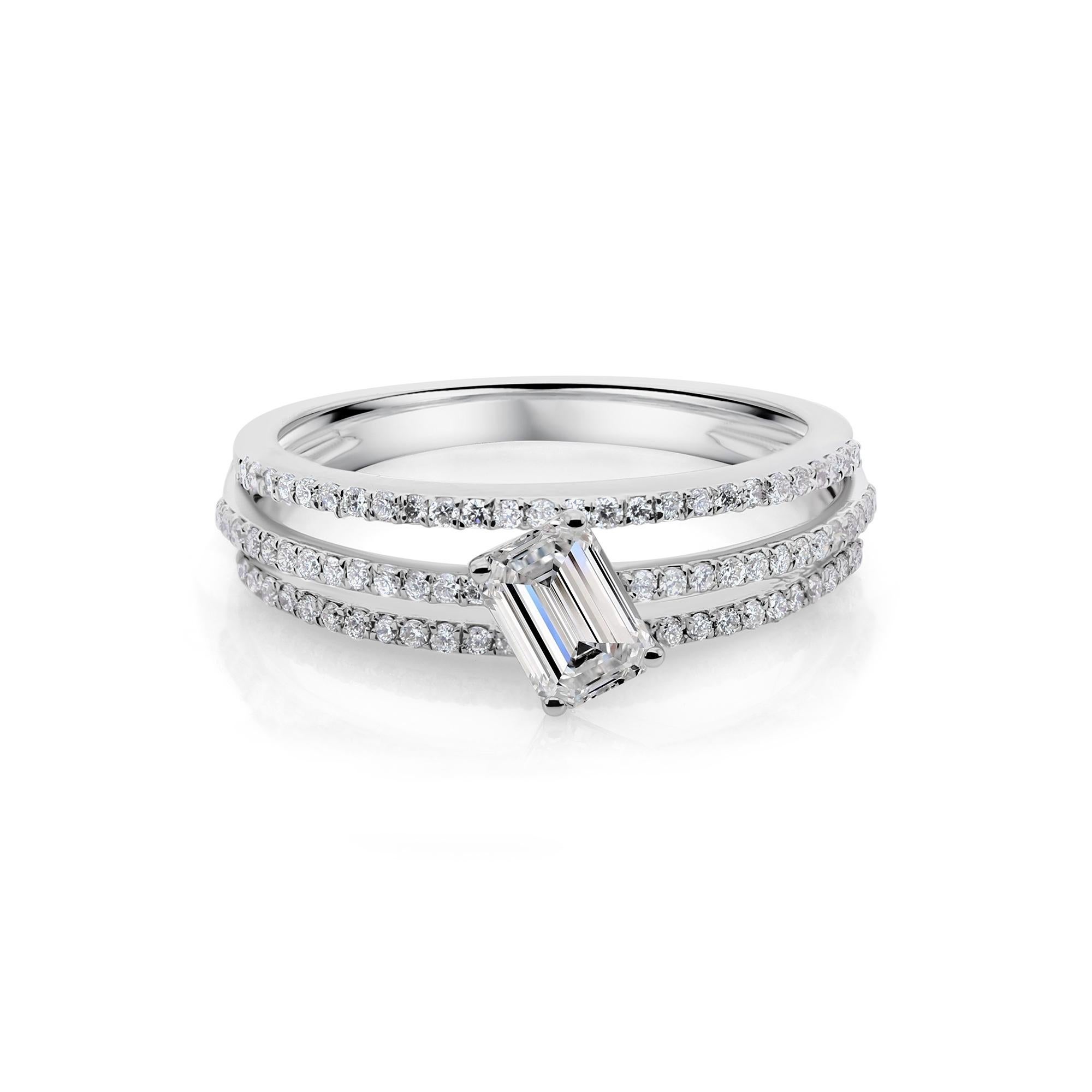Round & Emerald Cut Diamond Triple Band Solitaire Engagement Ring 18K White Gold