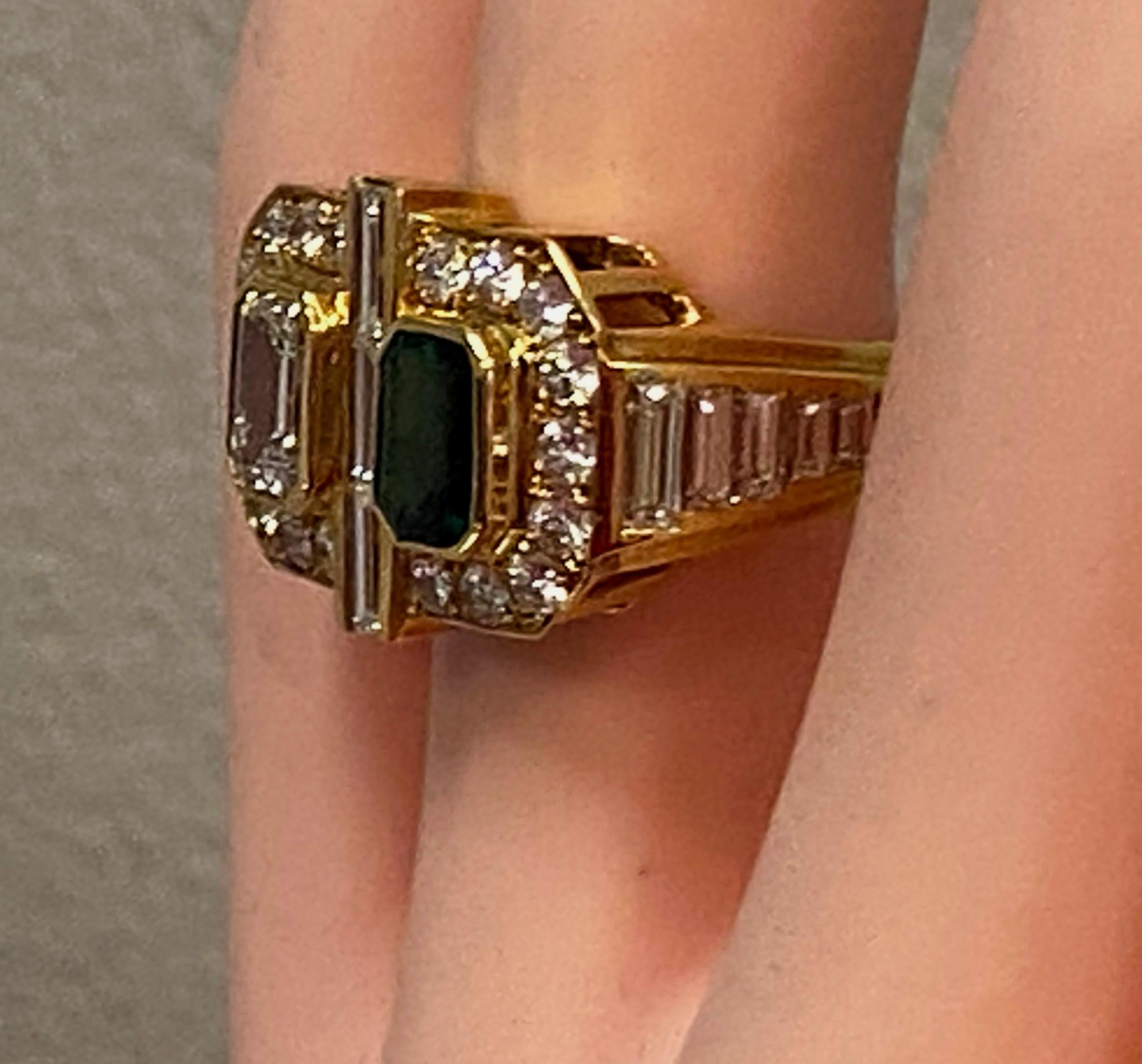 Emerald Cut Diamond, Tsavorite and Diamond Ring in Yellow Gold For Sale 6