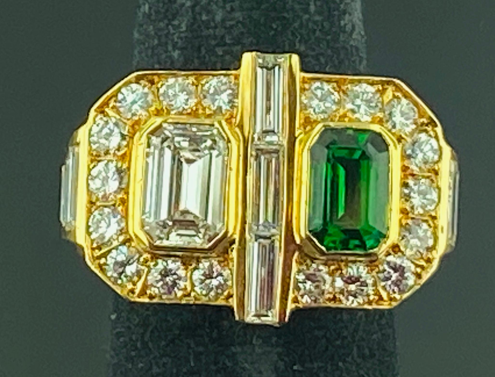 Emerald Cut Diamond, Tsavorite and Diamond Ring in Yellow Gold In Excellent Condition For Sale In Palm Desert, CA