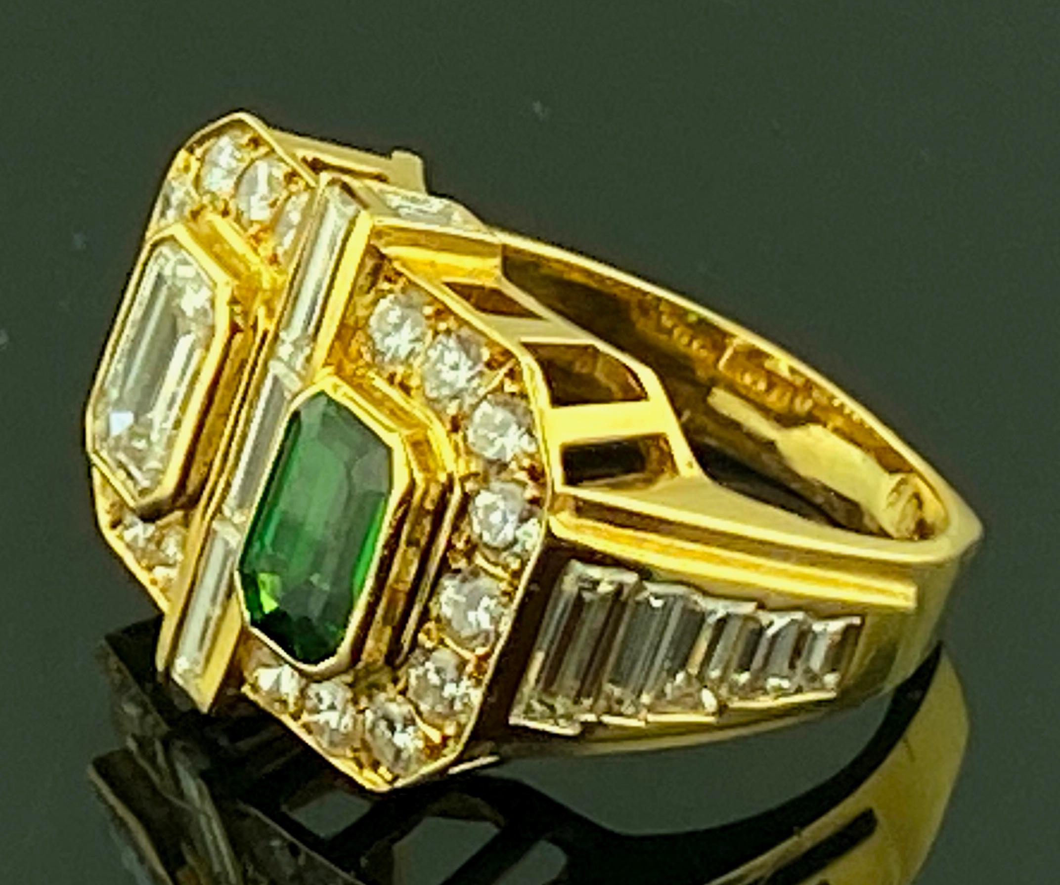 Women's or Men's Emerald Cut Diamond, Tsavorite and Diamond Ring in Yellow Gold For Sale