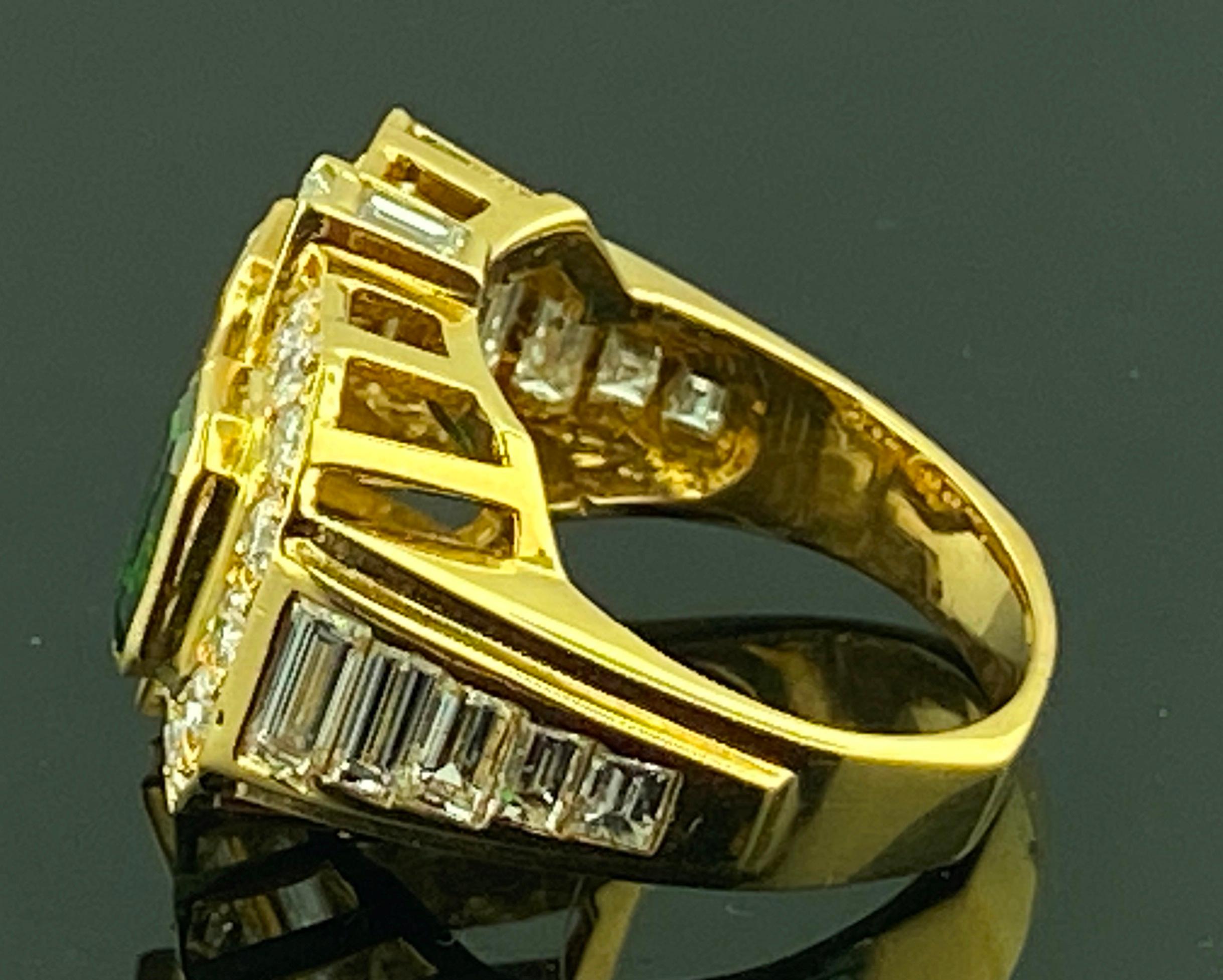 Emerald Cut Diamond, Tsavorite and Diamond Ring in Yellow Gold For Sale 1