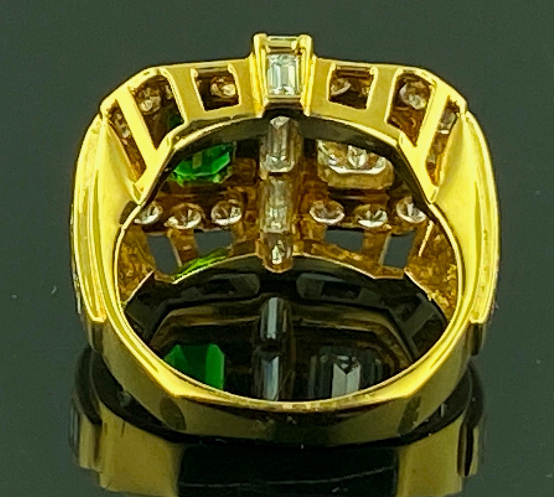 Emerald Cut Diamond, Tsavorite and Diamond Ring in Yellow Gold For Sale 2