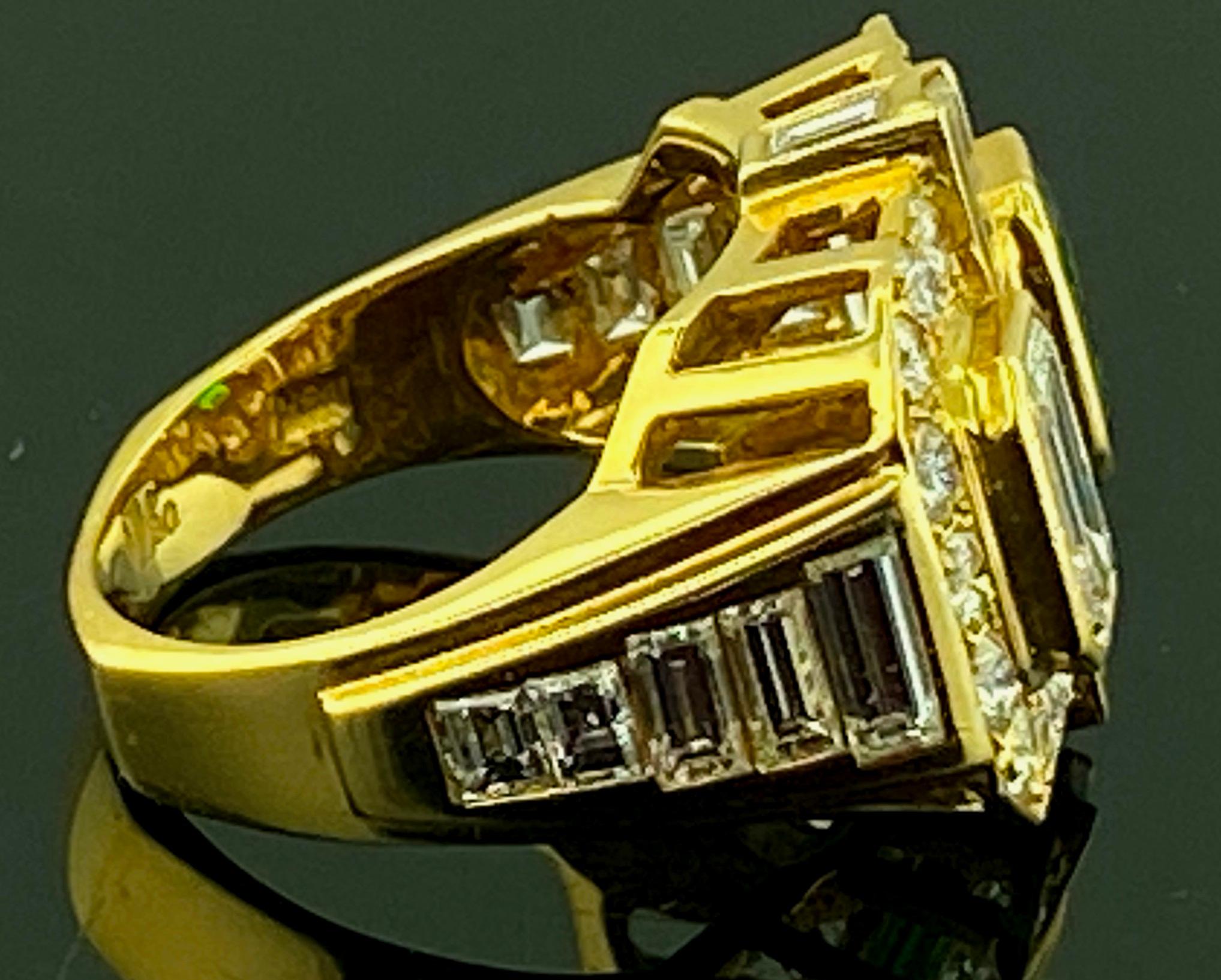 Emerald Cut Diamond, Tsavorite and Diamond Ring in Yellow Gold For Sale 3