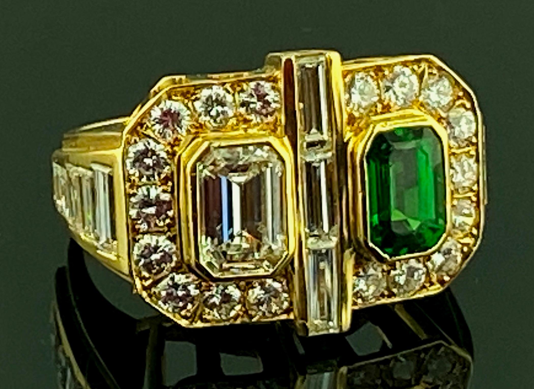 Emerald Cut Diamond, Tsavorite and Diamond Ring in Yellow Gold For Sale 4