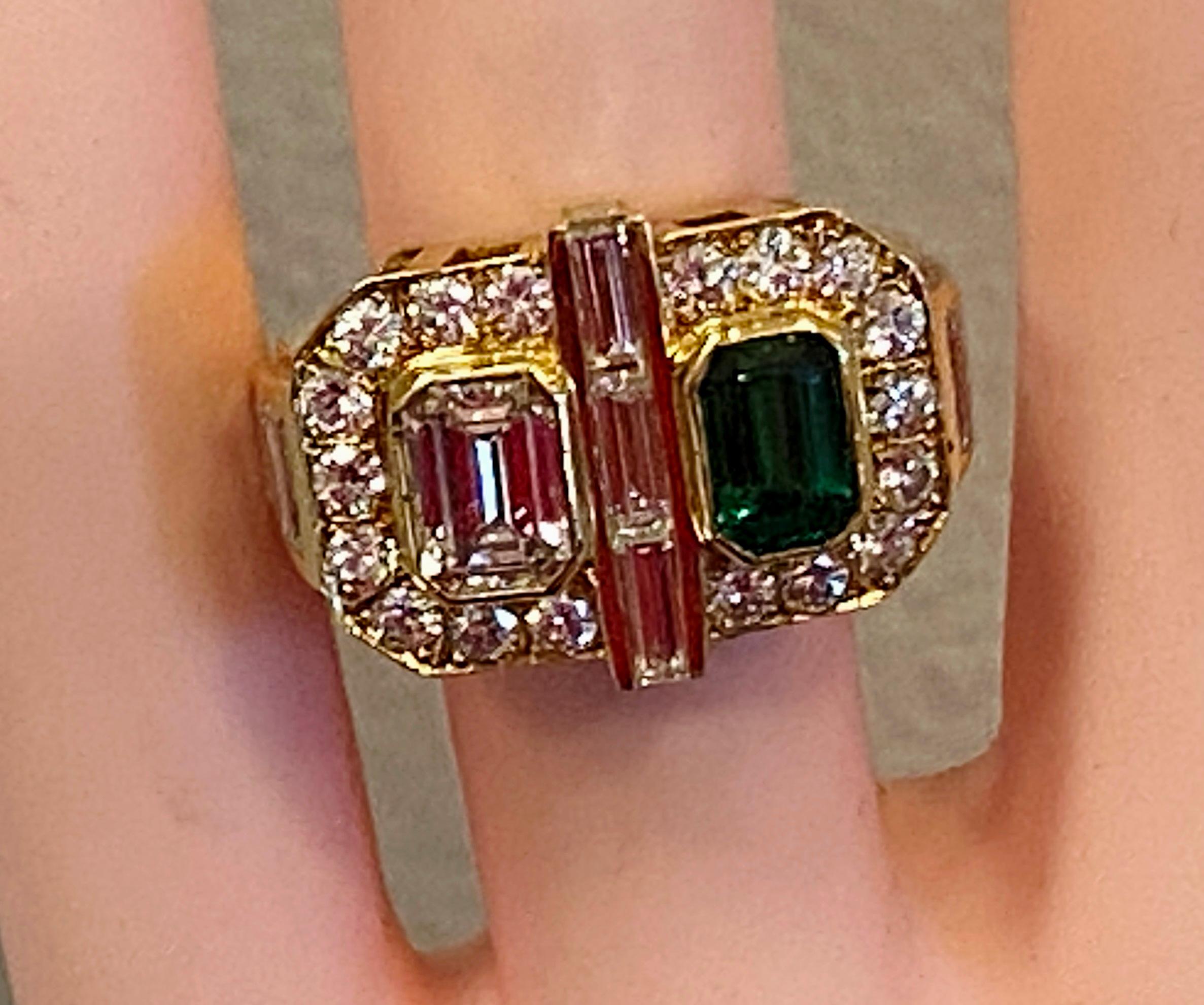 Emerald Cut Diamond, Tsavorite and Diamond Ring in Yellow Gold For Sale 5