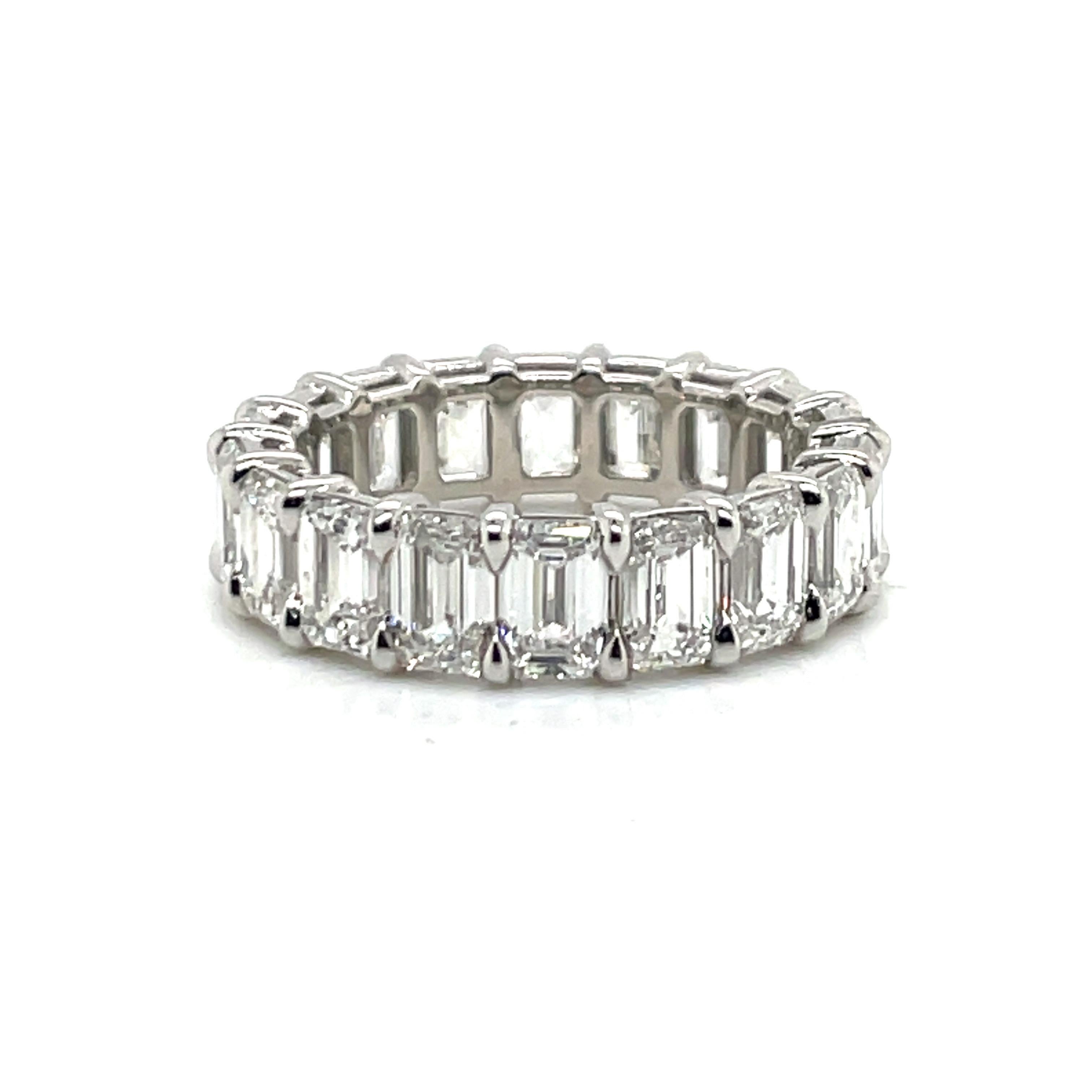 Emerald Cut wedding band featuring 18 diamonds weighing a total of 7.41 Carats. Average diamonds are 0.40 points each, crafted in Platinum. 
Color F-G
Clarity VVS-VS2

We have a nice selection on Emerald, Oval & different shape wedding bands. All