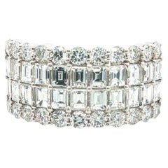 Emerald Cut Diamond Wide Statement Band Ring Round Brilliant 18K White Gold