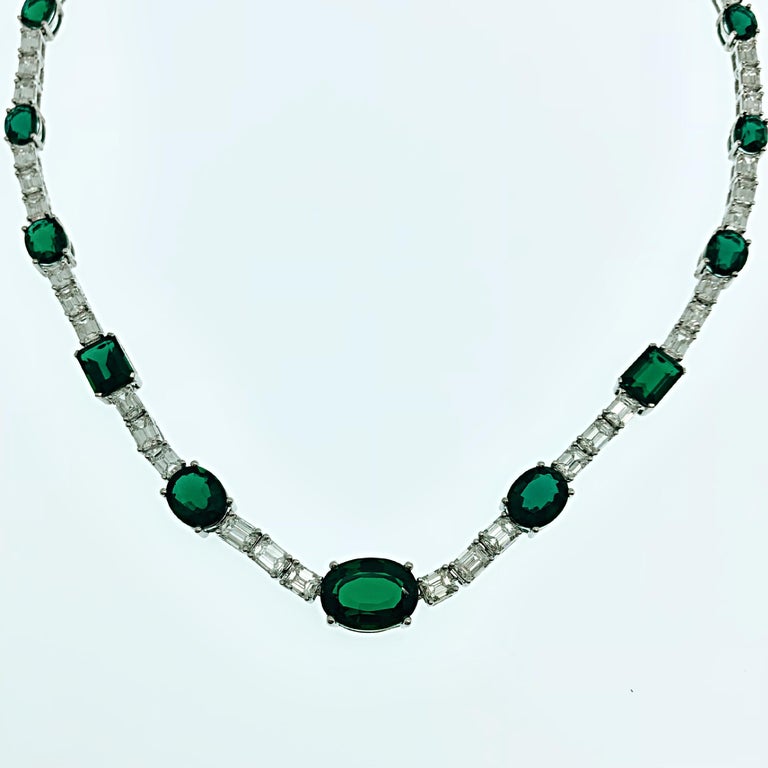 White Gold Emerald Cut Diamonds Synthetic Deep Vivid Green Emeralds Necklace For Sale at 1stDibs