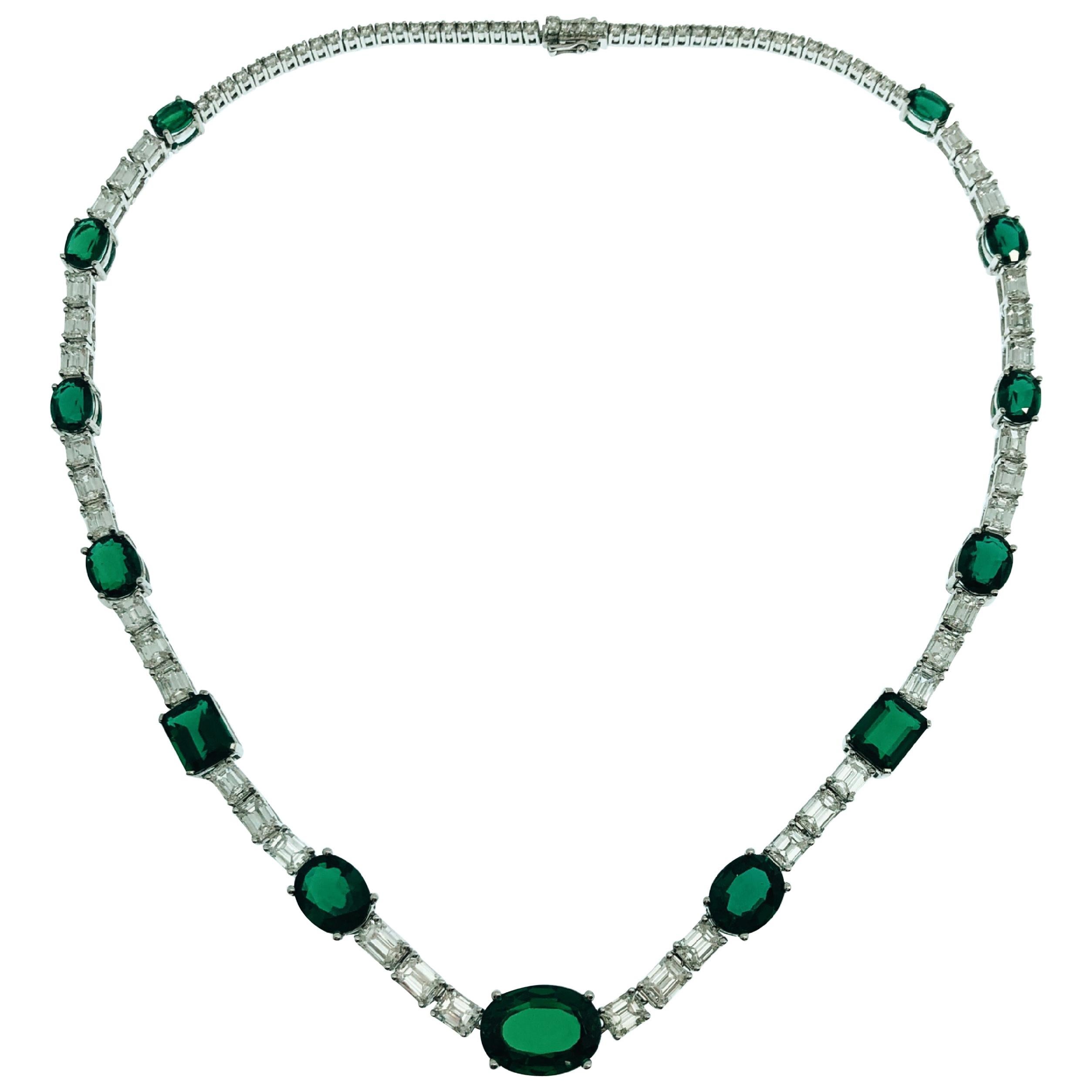 White Gold Emerald Cut Diamonds Synthetic Deep Vivid Green Emeralds Necklace  For Sale