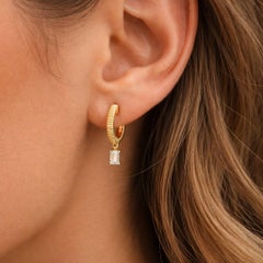 Emerald Cut Drop Charm 14K (or 18k upon request) Yellow Gold Huggie Earrings